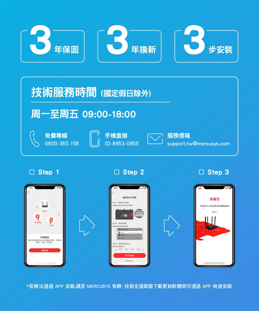 年保固年換3裝技術服務時間(國定假日除外)周一周五 0900-1800免費專線0800-365-158手機直撥服務信箱02-8953-0855support.tw@mercusys.com Step 1 Step 2 Step 3的產品中找到如果安至的第1步:新3: MERCUSYS我已經恭喜您您现在可以的無網路Jenny*若無法透過APP安裝,請至 MERCUSYS 官網,技術支援頁面下載更新軟體即可透過APP 快速安裝