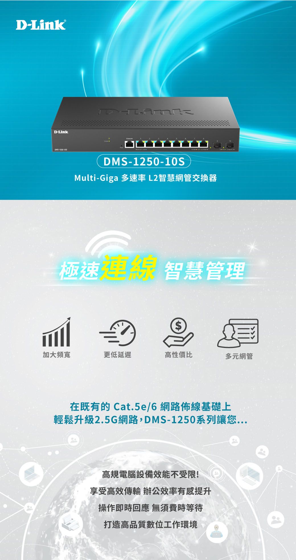 DLinkD-Link-DMS-1250-10SMulti-Giga 多速率 L2智慧網管交換器極速連線 智慧管理加大頻寬更低延遲高性價比多元網管在既有的 Cat.5e/6網路佈線基礎上輕鬆升級2.5G網路,DMS-1250系列讓您高規電腦設備效能不受限!享受高效傳輸 辦公效率有感提升操作即時回應 無須費時等待打造高品質數位工作環境
