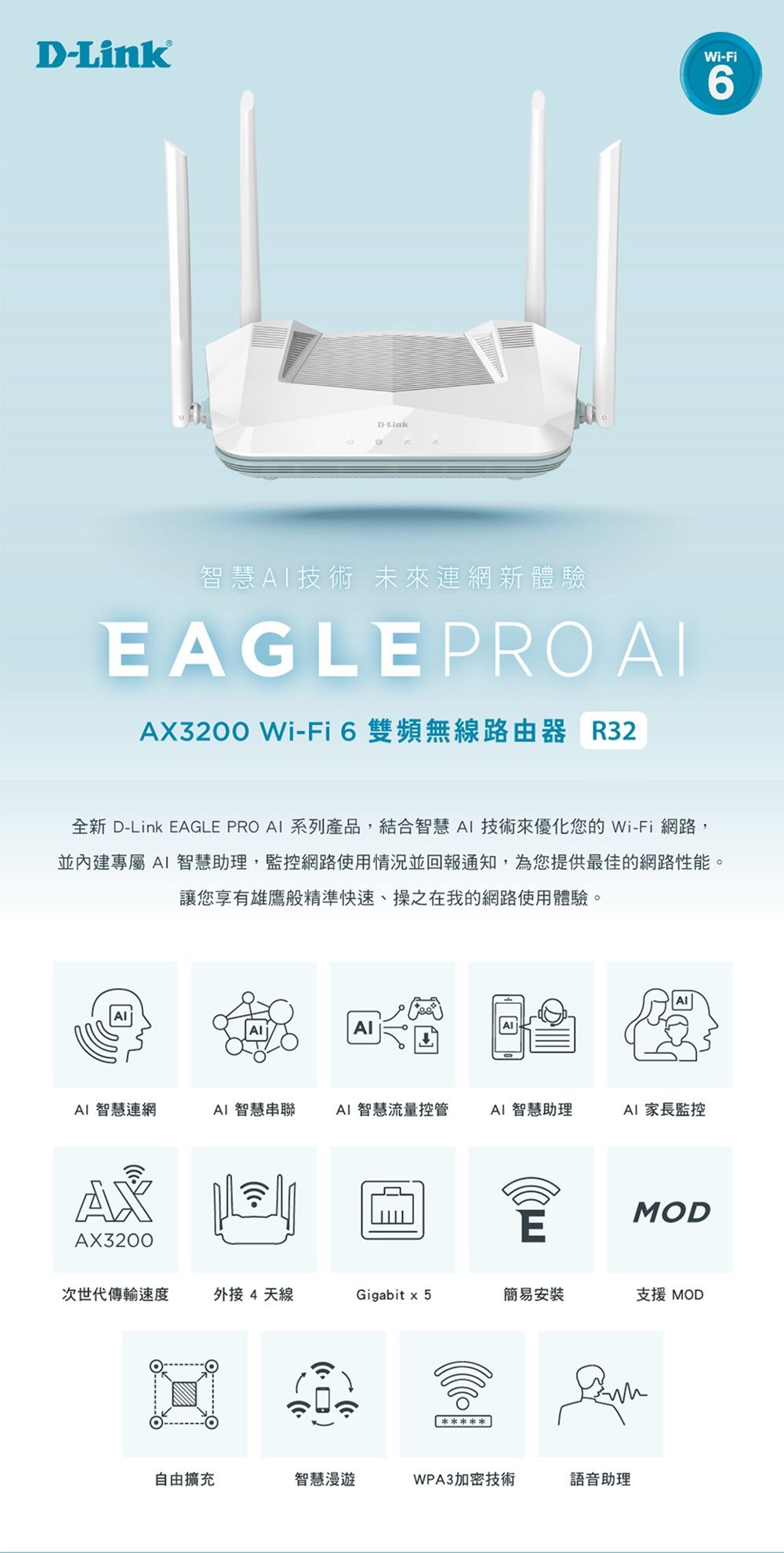D-LinkWi-Fi6D-Link智慧技術 未來連網新體驗EAGLEPRO AX3200 Wi-Fi6 雙頻無線路由器 R32全新 D-Link EAGLE PRO  系列產品,結合智慧AI 技術來優化您的 Wi-Fi 網路,並內建專屬AI 智慧助理,監控網路使用情況並回報通知,為您提供最佳的網路性能。讓您享有雄鷹般精準快速、操之在我的網路使用體驗。AIAI 智慧連網AI 智慧串聯AI 智慧流量控管AI 智慧助理AI 家長監控AX3200MODE次世代傳輸速度外接 4 天線Gigabit  5簡易安裝支援 MOD自由擴充智慧漫遊WPA3加密技術語音助理