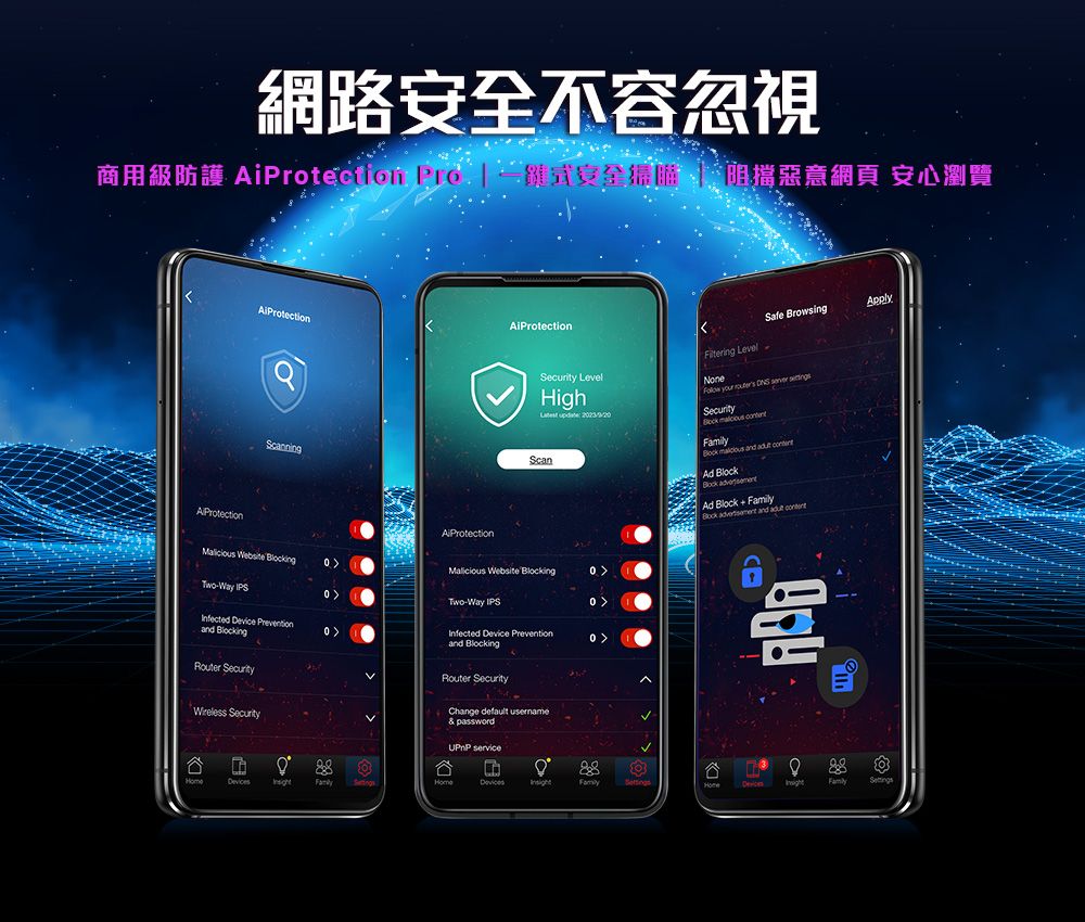 網路不容忽視商用級防護  式安全阻擋惡意網頁 安心瀏覽AiProtectionAiProtectionScanningSafe Browsing LevelNoneSecurity LevelHigh  Scan your   Security    and  Ad  Ad Block  Block  and      Website  -Way IPS Two-Way IPS Infected evice Preventionand Blocking Infected evice Prevention and BlockingRouter Security SecurityRouter SecurityChange default  password serviceHomeDFamilyDFamily