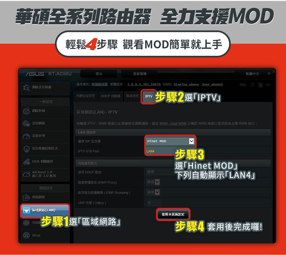 華碩全系列器 全力支援MOD輕鬆步驟 MOD簡單就上手 RTAC66U登出重新繁體中文模式:路由器 版本:3..0.4.38250470 SSID: Stanley phone June phonesApp 網位址 DHCP路由IPTV一般步驟2選IPTV區域LAN - IPTV若觀看 IPTVWAN 必須網際網路至WAN-Dual WAN 以確認 WAN 為主要 WAN 接口LAN 連接管理選擇ISP家長控制程式IPTV STB LAN4USB 特殊程式Hinet MOD步驟3選Hinet MODAiCloud 2.0使DHCP 路由下列自動顯示「LAN4群播路由 (IGMP Proxy)停用進階設定用(IGMP Snooping)停用 網路UDP代理(Udpxy)0「 區域網路(LAN)()步驟選區域網路」套用本設定步驟4套用後完成囉!