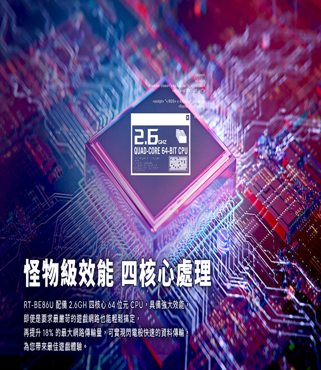 body classiteheader  ROG  sGHZ QUAD-CORE 64-BIT CPU怪物級效能 四核心處理RT- 配備 2.6GH四核心64 位元CPU具備強大效能,即使是要求最嚴苛的遊戲網路也能輕鬆搞定,再提升 18% 的最大網路傳輸量,可實現閃電般快速的資料傳輸,為您帶來最佳遊戲體驗。