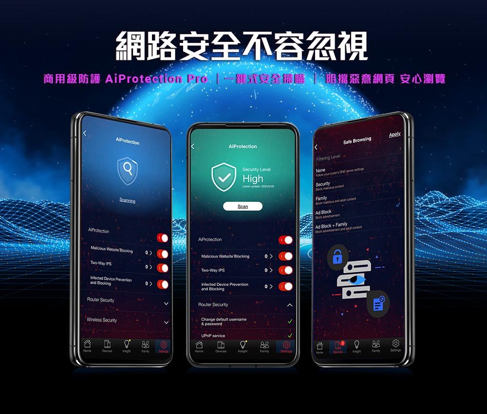 網路安全不容忽視商用級防護   式安全「阻擋惡意網頁 安心瀏覽AiProtection Browsing LevelNoneSecurity LevelHigh  Scan     Security    and  Ad  Ad Block  Block  and     Malicious Website Blocking  PS Two-Way IPS Infected Device Preventionand Blocking Infected Device Prevention and BlockingRouter Security SecurityRouter SecurityChange default  passwordI serviceFamilyDevicesFamily