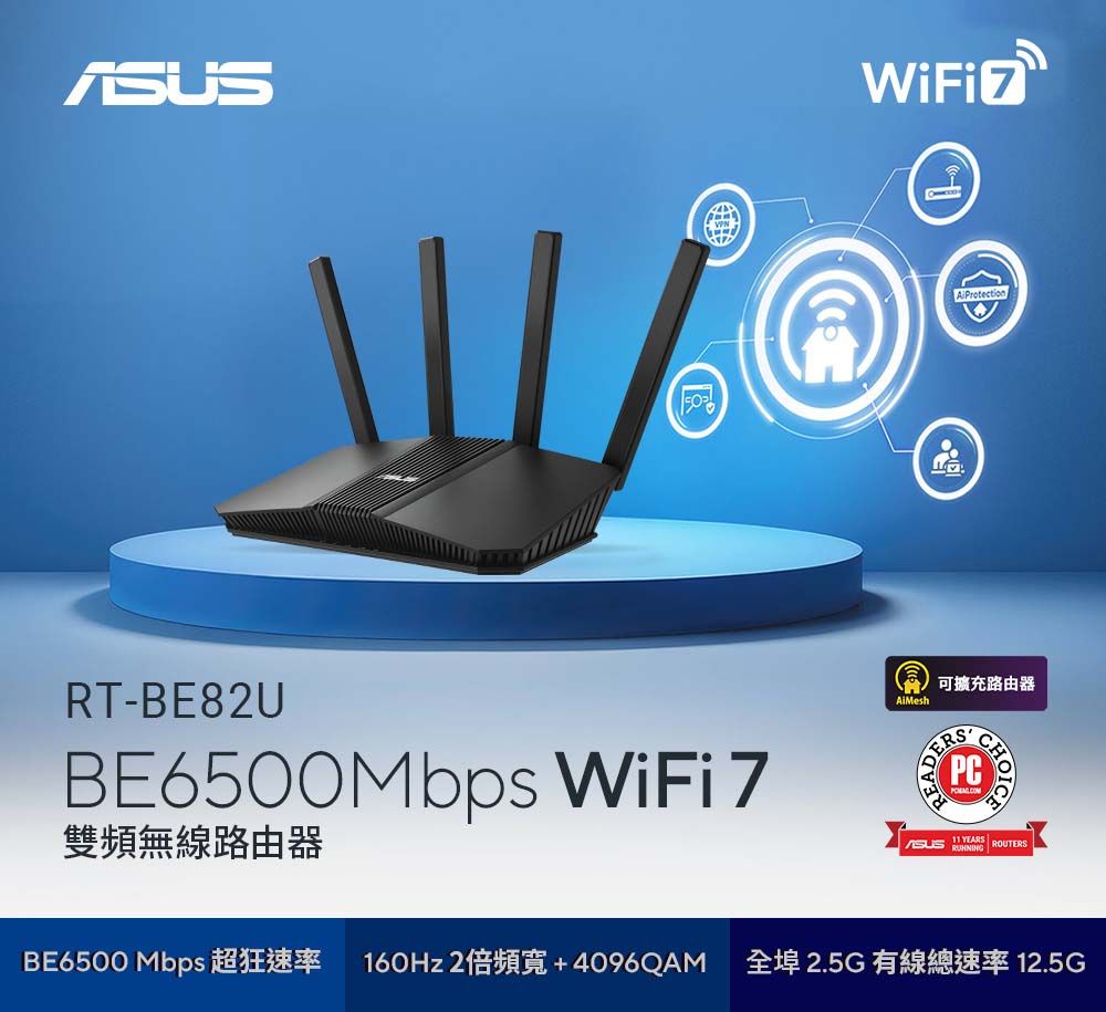 50RT-BE8UBE6500Mbps WiFi 7雙頻無線路由器可擴充路由器PC11 YEARS  ROUTERSBE6500 Mbps160Hz 24096QAM 全埠 2.5G 有線總速率12.5G