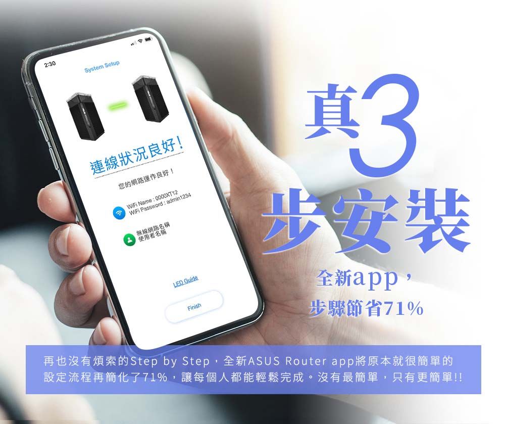 2:30System Setup連線狀況良好!您的網路運作良好! WiFi Name: 0000XT12WiFi Password: admin1234無線網路名稱使用者名稱LED GuideFinish真3步安裝全新app步驟節省71%再也沒有煩索的Step by Step,全新ASUS Router app將原本就很簡單的設定流程再簡化了71%,讓每個人都能輕鬆完成。沒有最簡單,只有更簡單!!