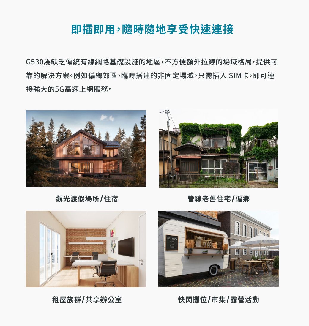 即插即用,隨時隨地享受快速連接G530為缺乏傳統有線網路基礎設施的地區,不方便額外拉線的場域格局,提供可靠的解決方案。例如偏鄉郊區、臨時搭建的非固定場域。只需插入SIM卡,即可連接強大的5G高速上網服務。觀光渡假場所/住宿管線老舊住宅/偏鄉 CREAM租屋族群/共享辦公室快閃攤位//露營活動