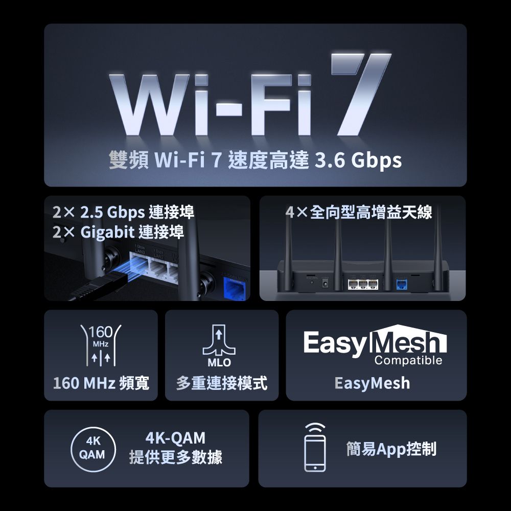 Mercusys 水星 MR27BE WiFi 7 BE3600 雙頻 2.5 Gigabit 無線網路路由器(Wi-Fi 7 分享器/MOD/VPN)