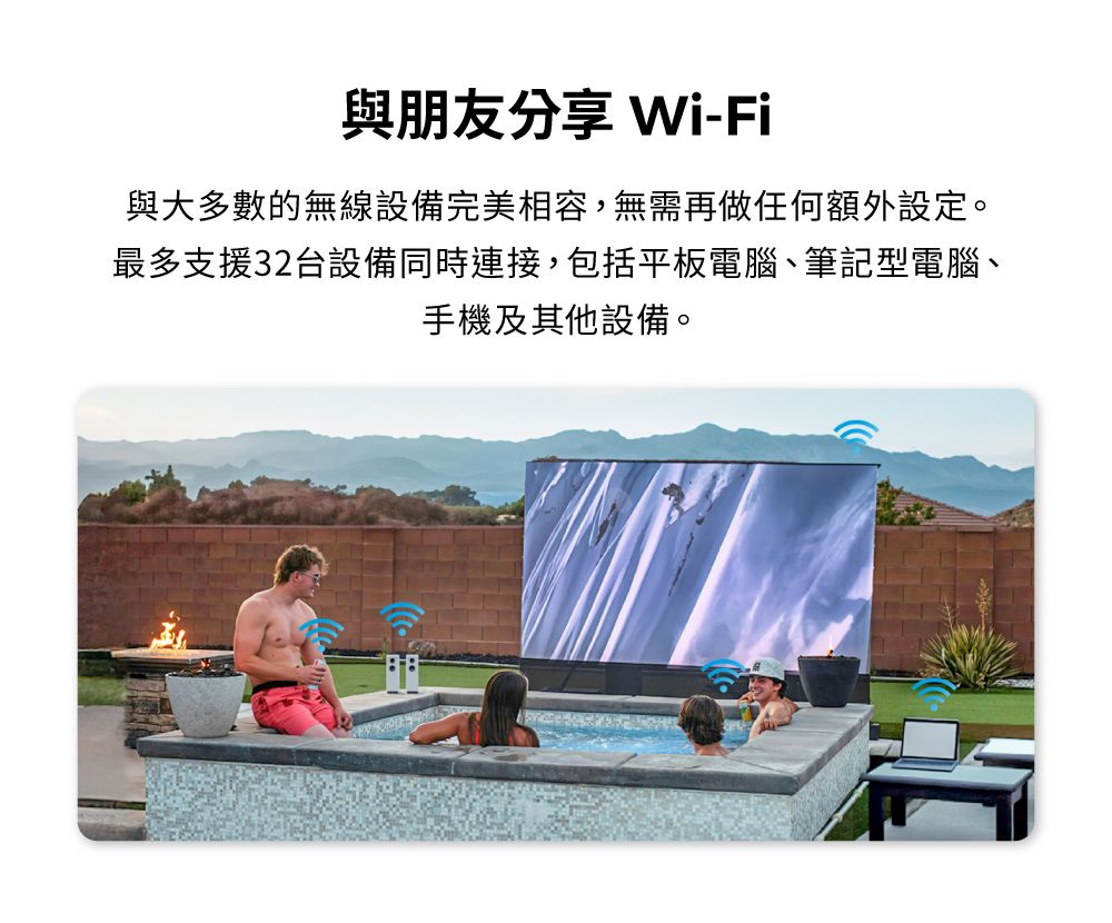 與朋友分享 Wi-Fi與大多數的無線設備完美相容,無需再做任何額外設定。最多支援32台設備同時連接,包括平板電腦、筆記型電腦、手機及其他設備。