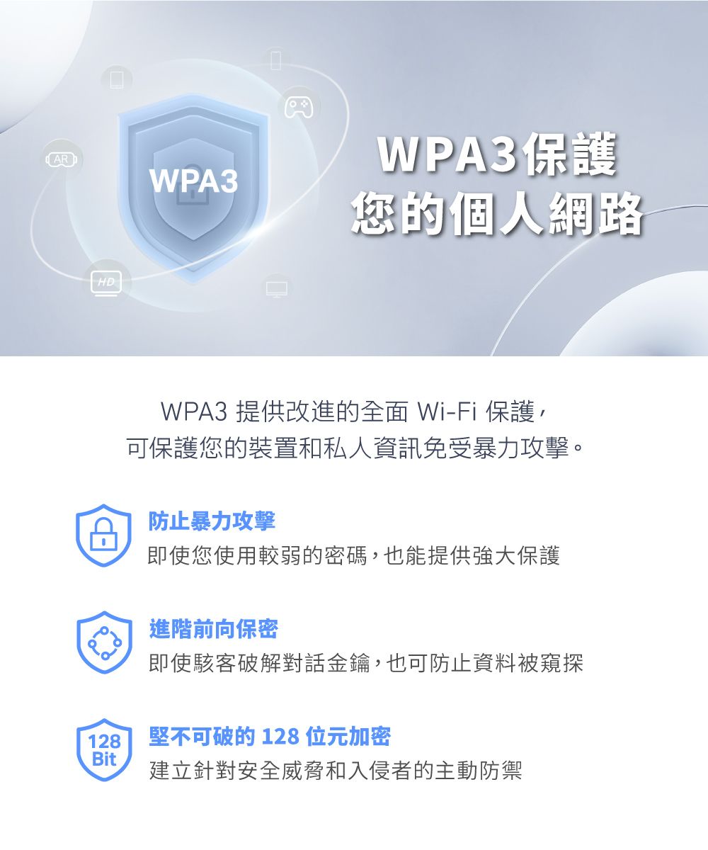 RHDWPA3AWPA3保護您的個人網路WPA3 提供改進的全面 Wi-Fi 保護,可保護您的裝置和私人資訊免受暴力攻擊。128Bit防止暴力攻擊即使您使用較弱的密碼,也能提供強大保護進階前向保密即使駭客破解對話金鑰,也可防止資料被窺探堅不可破的128 位元加密建立針對安全威脅和入侵者的主動防禦