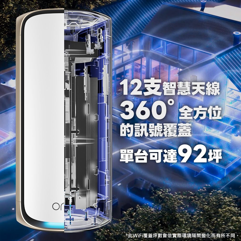 12支智慧天線360°全方位的訊號覆蓋單台可達92坪*此WiFi覆蓋坪數會依實際環境隔間變化而有所不同。