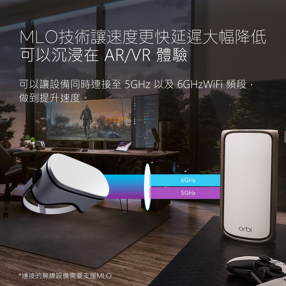 MLO技術速度更快延遲大幅降低可以沉浸在 AR/VR 體驗可以讓設備同時連接至 5GHz 以及 6GHzWiFi 頻段,做到提升速度。*連接的無線設備需要支援MLO6GHz5GHzorbi