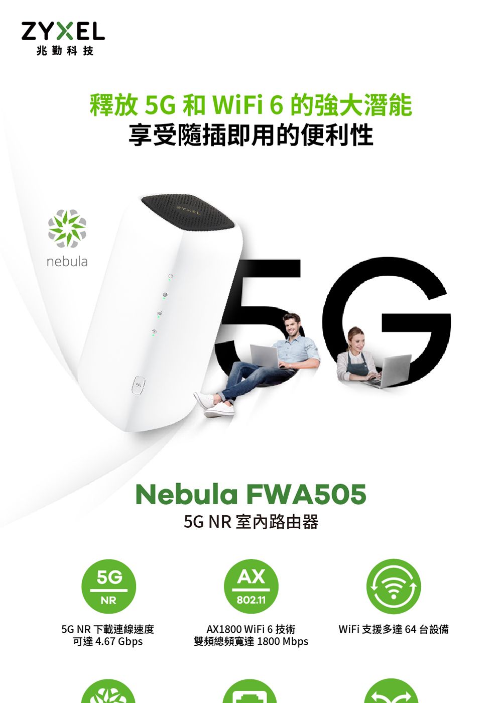 ZYXEL兆勤科技nebula釋放 5G 和 WiFi 6的強大潛能享受插即用的便利性Nebula FWA5055G NR 路由器5GNR5G NR下載連線速度J4.67 GbpsAX802.11AX1800 WiFi 6雙頻頻寬達1800MbpsWiFi 支援多達64台設備