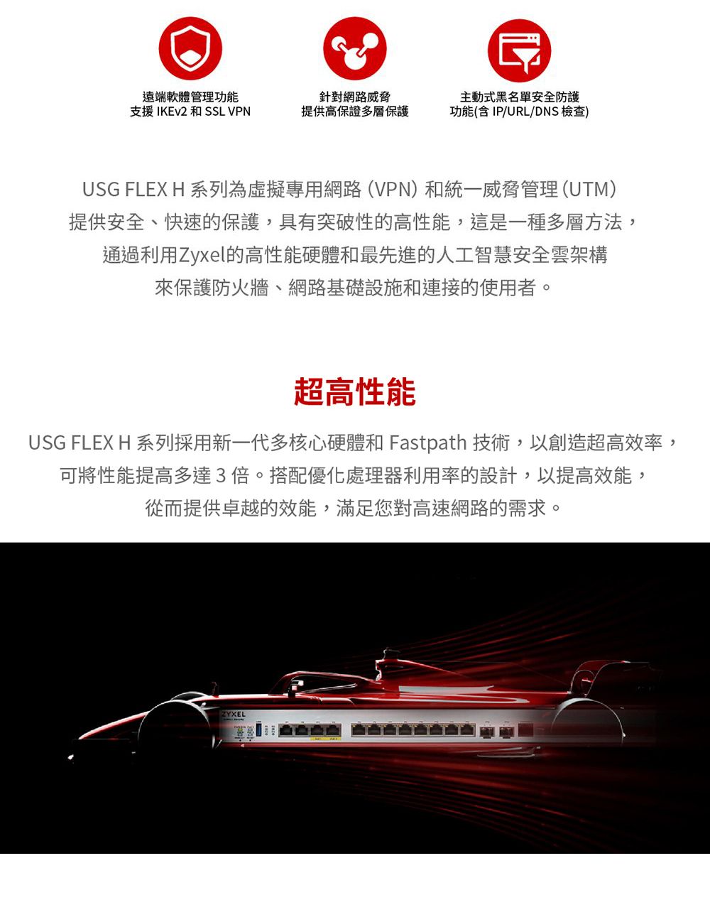 遠端軟體管理功能針對網路威脅支援 IKEv2 和 SSL VPN提供高保證多層保護主動式黑名單安全防護功能(含 IP/URL/DNS 檢查)USG FLEX H 系列為虛擬專用網路(VPN)和統一威脅管理(UTM)提供安全、快速的保護,具有突破性的高性能,這是一種多層方法,通過利用Zyxel的高性能硬體和最先進的人工智慧安全雲架構來保護防火牆、網路基礎設施和連接的使用者。超高性能USG FLEX H 系列採用新一代多核心硬體和 Fastpath 技術,以創造超高效率,可將性能提高多達3倍。搭配優化處理器利用率的設計,以提高效能,從而提供卓越的效能,滿足您對高速網路的需求。
