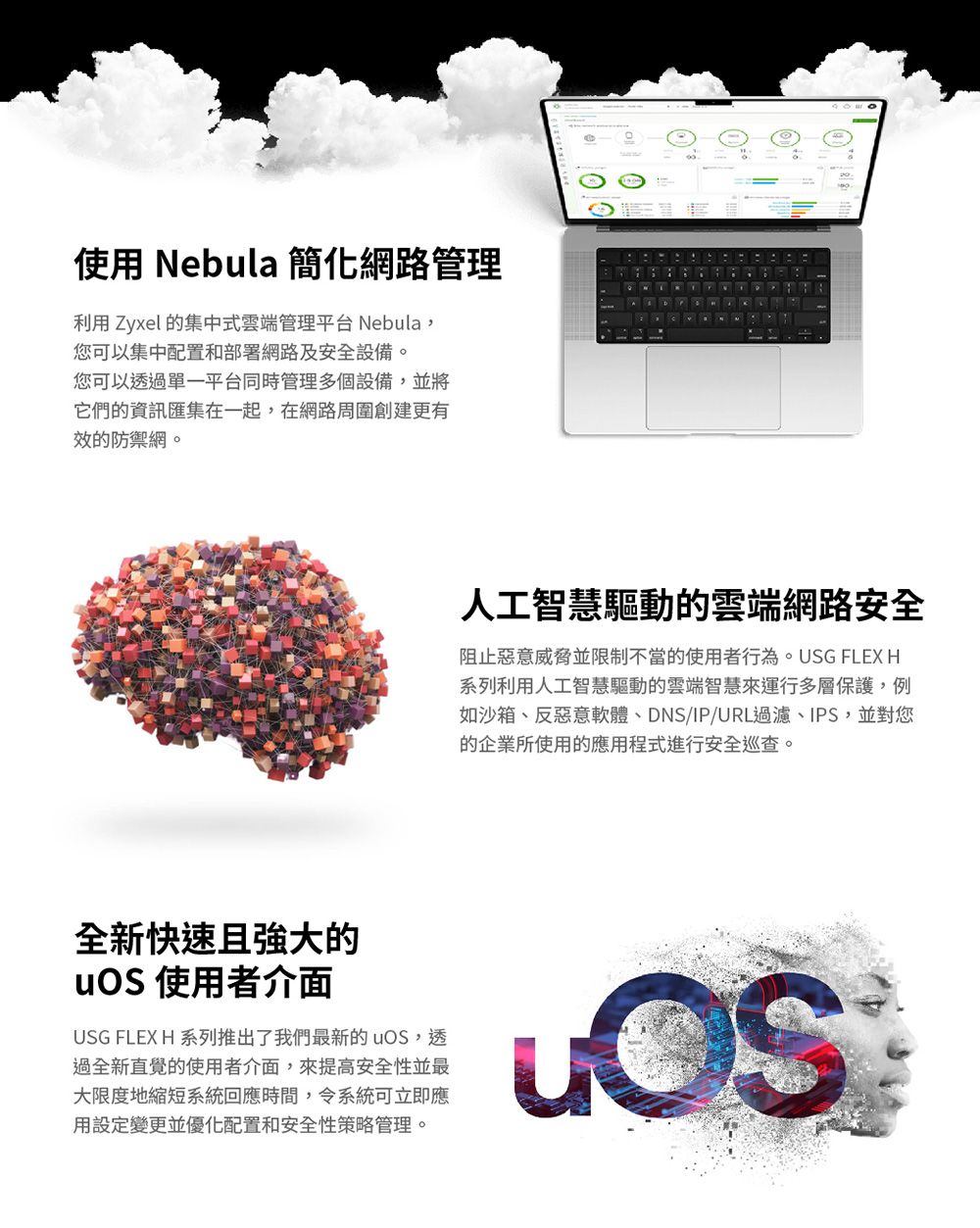 使用 Nebula 簡化網路管理利用 Zyxel 的集中式雲端管理平台 Nebula,您可以集中配置和部署網路及安全設備。您可以透過單一平台同時管理多個設備,並將它們的資訊匯集在一起,在網路周圍創建更有效的防禦網。全新快速且強大的uOS 使用者介面USG FLEX H 系列推出了我們最新的uOS,透過全新直覺的使用者介面,來提高安全性並最大限度地縮短系統回應時間,令系統可立即應用設定變更並優化配置和安全性策略管理。人工智慧驅動的雲端網路安全阻止惡意威脅並限制不當的使用者行為。USG FLEX H系列利用人工智慧驅動的雲端智慧來運行多層保護,例如沙箱、反惡意軟體、DNS/IP/URL過濾、IPS,並對您的企業所使用的應用程式進行安全巡查。