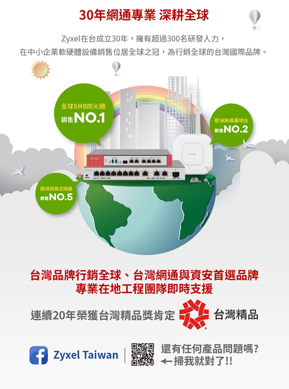 30年網通專業深耕全球Zyxel在台成立30年,擁有超過300名研發人力,在中小企業軟硬體設備銷售位居全球之冠,為行銷全球的台灣國際品牌。全球SMB防火牆銷售NO.1歐洲網路交換器銷售NO.5ZYXELZYXELZYXEL歐洲無線基地台銷售NO.2台灣品牌行銷全球、台灣網通與資安首選品牌專業在地工程團隊即時支援連續20年榮獲台灣精品獎肯定糕台灣精品 Zyxel Taiwan還有任何產品問題嗎?掃我就對了!!