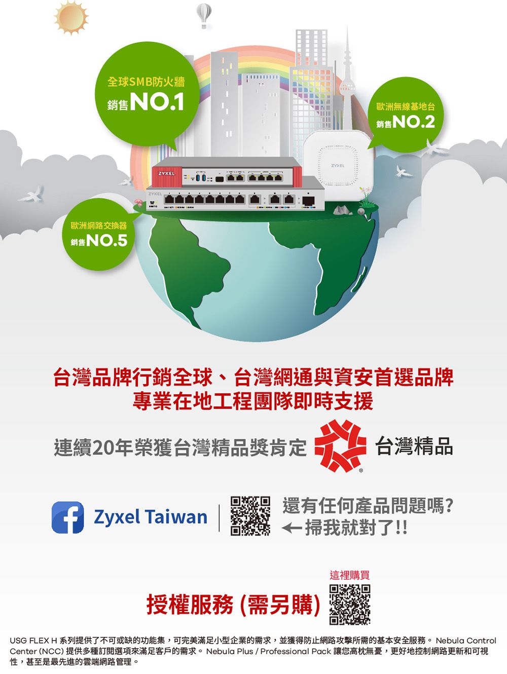 全球SMB防火牆歐洲網路交換器銷售NO.5ZYXELZYXEL歐洲無線基地台銷售NO.2台灣品牌行銷全球、台灣網通與資安首選品牌專業在地工程團隊即時支援連續20年榮獲台灣精品獎肯定糕台灣精品 Taiwan還有任何產品問題嗎?掃我就對了!!這裡購買授權服務(需另購)USG FLEX H 系列提供了不可或缺的功能集,可完美滿足小型企業的需求,並獲得防止網路攻擊所需的基本安全服務。Nebula ControlCenter (NCC)提供多種訂閱選項來滿足客戶的需求。Nebula Plus / Professional Pack 讓您高枕無憂,更好地控制網路更新和可視性,甚至是最先進的雲端網路管理。