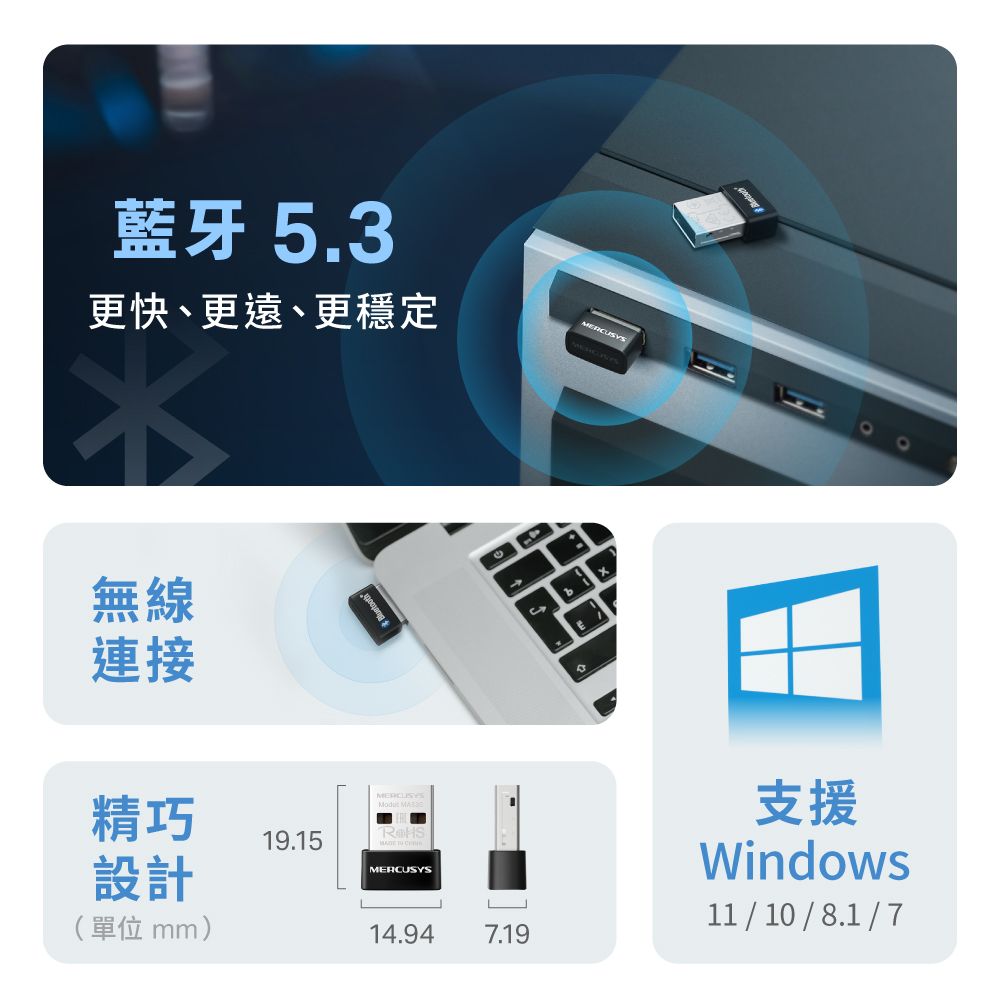 Mercusys 水星 MA530 微型USB 迷你藍牙5.3接收器