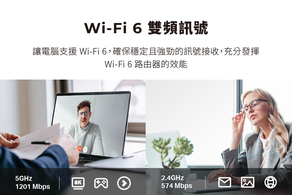 Wi-Fi 6雙頻訊號讓電腦支援 Wi-Fi6,確保穩定且強勁的訊號接收,充分發揮Wi-Fi 6 路由器的效能5GHz 1201 Mbps2.4GHz574 Mbps