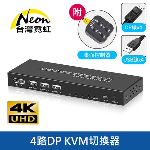 4路DP KVM切換器(附桌面控制器) 4K畫質 可用一套鍵鼠、顯示器控制4台主機 附4條1.5米DP線及4條 1.5米USB線