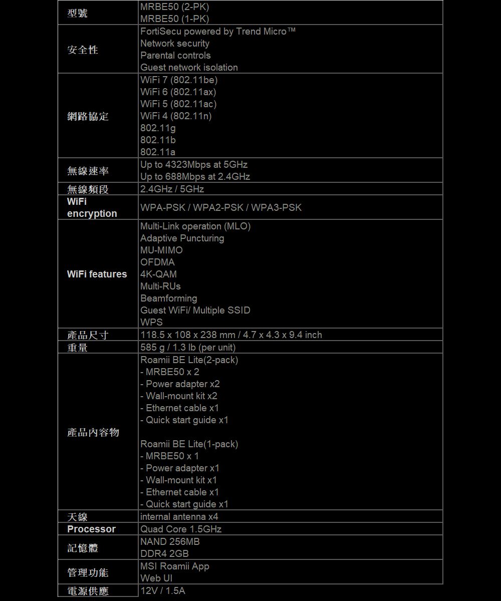 型號安全性MRBE50 (2PK)MRBE50 (1PK)FortiSecu powered by Trend MicroNetwork securityParental controlsGuest network isolation 7 (802.11be)WiFi 6 (802.11a)WiFi 5 (802.11ac)網路協定WiFi 4 (802.11n)802.11g802.11b802.11aUp to 4323Mbps at 5GHz無線速率Up to 688Mbps at 2.4GHz無線頻段2.4GHz5GHzWiFiencryptionWPAPSKWPA2-PSKWPA3-PSKMulti-Link operation (MLO)Adaptive PuncturingMU-MIMOOFDMAWiFi features4K-QAM尺寸重量產品Processor記憶體管理功能電源供應Multi-BeamformingGuest WiFi Multiple SSIDWPS118.5  108  238 mm  4.7 x 4.3 x 9.4 inch585 g1.3 lb (per unit) BE Lite(2-pack)- MRBE50 x 2-Power adapter -Wall-mount kit - Ethernet cable Quick start guide x1 BE Lite(1-pack)- MRBE50 x 1- Power adapter x1- Wall-mount kit x1- Ethernet cable x1- Quick start guide x1internal antenna x4Quad Core 1.5GHzNAND 256MBDDR4 2GBMSI  AppWeb 12V/1.5A