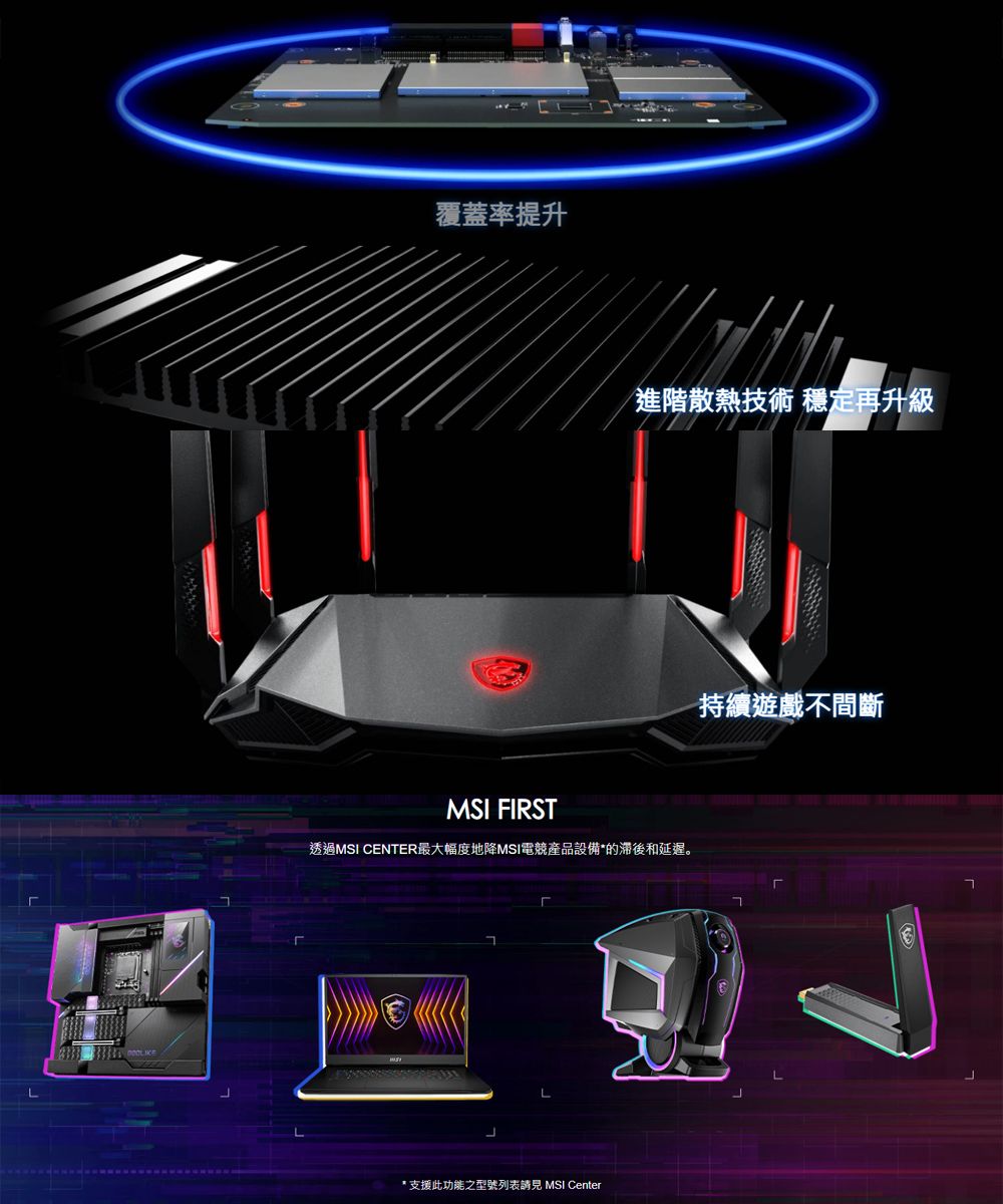 覆蓋率提升MSI FIRST進階散熱技術 穩定再升級透過MSI CENTER最大幅度地降MSI電競產品設備*的和延遲。* 支援此功能之型號列表 MSI Center持續遊戲不間斷