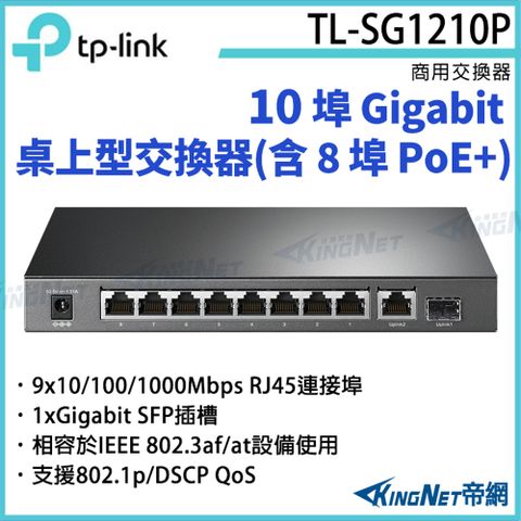 [帝網KingNet] TP-LINK 10 埠 Gigabit 桌上型交換器(含 8 埠 PoE+) TL-SG1210P