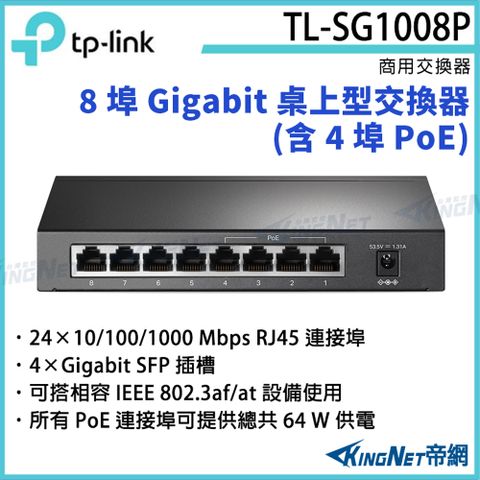 [帝網KingNet]TP-LINK 8 埠 Gigabit 桌上型交換器(含 4 埠 PoE) TL-SG1008P