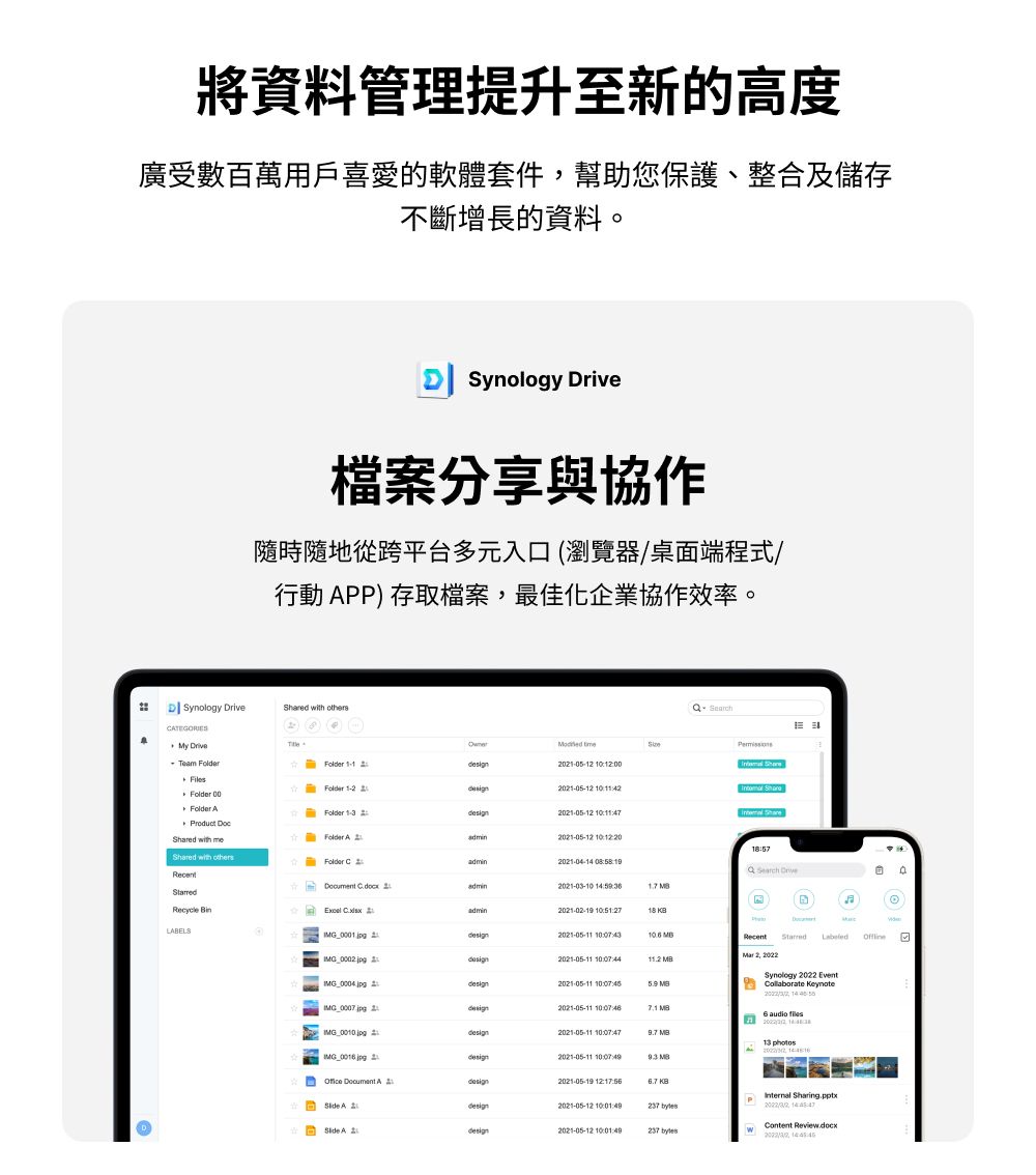 將資料管理提升至新的高度廣受數百萬用戶喜愛的軟體套件幫助您保護、整合及儲存不斷增長的資料。Synology 檔案分享與協作隨時隨地從跨平台多元入口(瀏覽器/桌面端程式/行動 PP 存取檔案最佳化企業協作效率。 Synology riveCATEGORIESMy Drive Team Shared wih ohers  01-05-1  FilesFolder 1- 01-05-1  Folder Folder AFolder design021-05-12   Shared with meFolder A 221-05-12 Shared with othersFolder C 2admin21-04-14  Search DriveRecent  2admin2021-03-10  Recycle   2admin2021-02-19 10:51:2718 DLABELSI_0001.jpgdesign2021-05-11  Recent  2design2021-05-11 Mar 2 2022 MB t2021-05-11  MG 2design2021-05-11 10 7.1 MBASynology 2022 Event  14   audio  22021-05-11 10:07:47 MB13 ,  jpg tdesign2021-05-11   Adesign2021-05-19 6.7 KB A 20design2021-05-12 237 ) A 20design2021-05-12 10:01:49237 MInternal Sharing.pptx, Content Review.docx, Offline