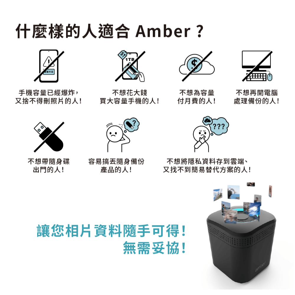 什麼樣的人適合 Amber ?不想花大錢手機容量已經爆炸,又捨不得照片的人!買大容量手機的人!不想為容量付月費的人!不想再開電腦處理備份的人!不想帶隨身碟出門的人!容易搞隨身備份產品的人!不想將隱私資料存到雲端、又找不到簡易替代方案的人!讓您相片資料可得!無需妥協!amber