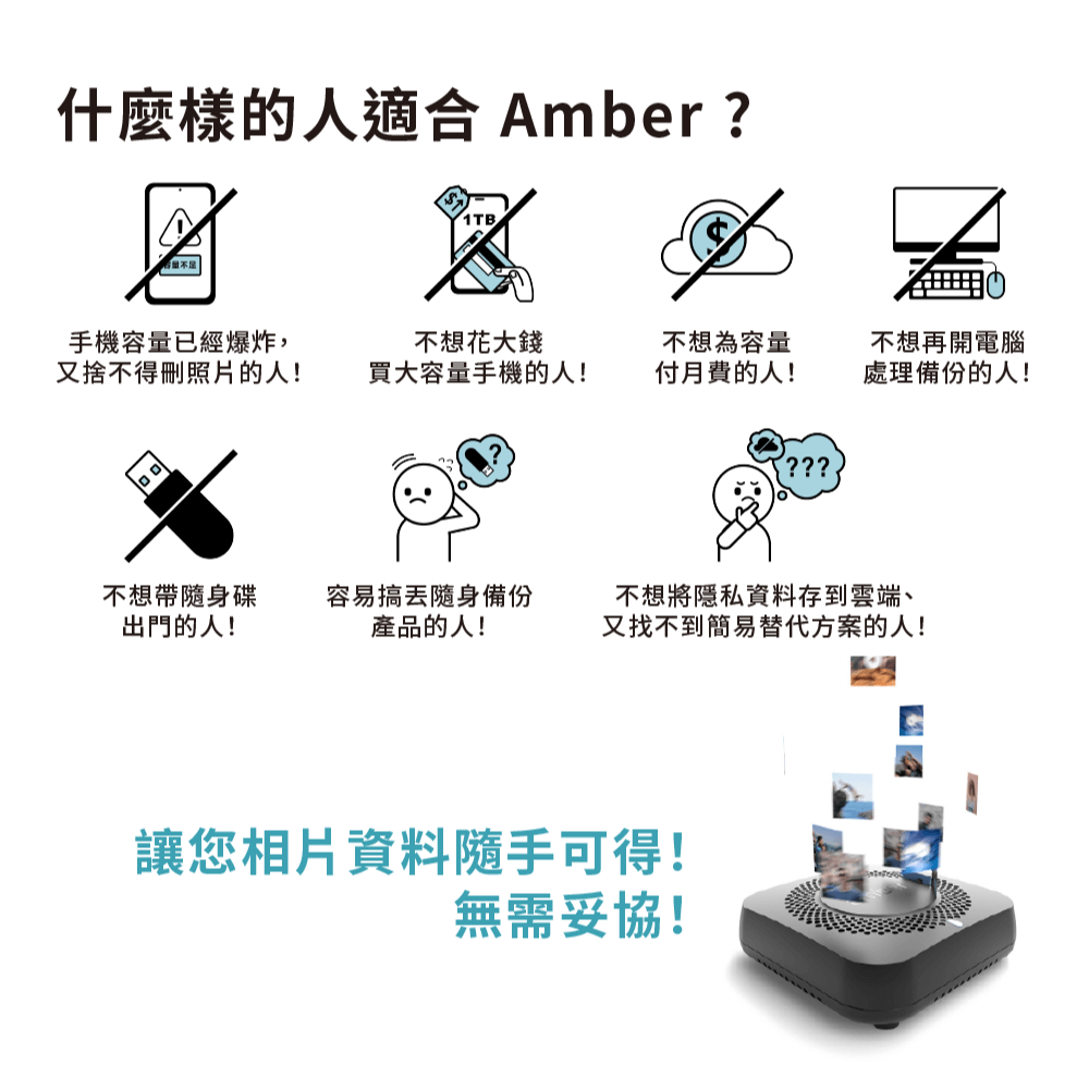 什麼樣的人適合 Amber ?不想花大錢手機容量已經爆炸,又捨不得照片的人!買大容量手機的人!不想為容量付月費的人!不想再開電腦處理備份的人!不想帶隨身碟出門的人!容易搞隨身備份產品的人!不想將隱私資料存到雲端、又找不到簡易替代方案的人!讓您相片資料可得!無需妥協!