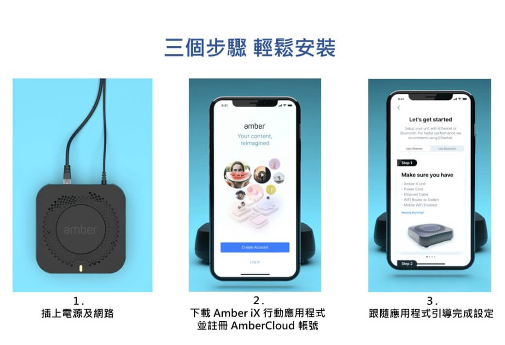 amber三個步驟 輕鬆安裝amberYour contentreimaginedLets get started      For   w   2插上電源及網路下載  i 行動應用程式並註冊 AmberCloud 帳號Step 1Make sure you haveAmber X   Cate    Step3.跟隨應用程式引導完成設定