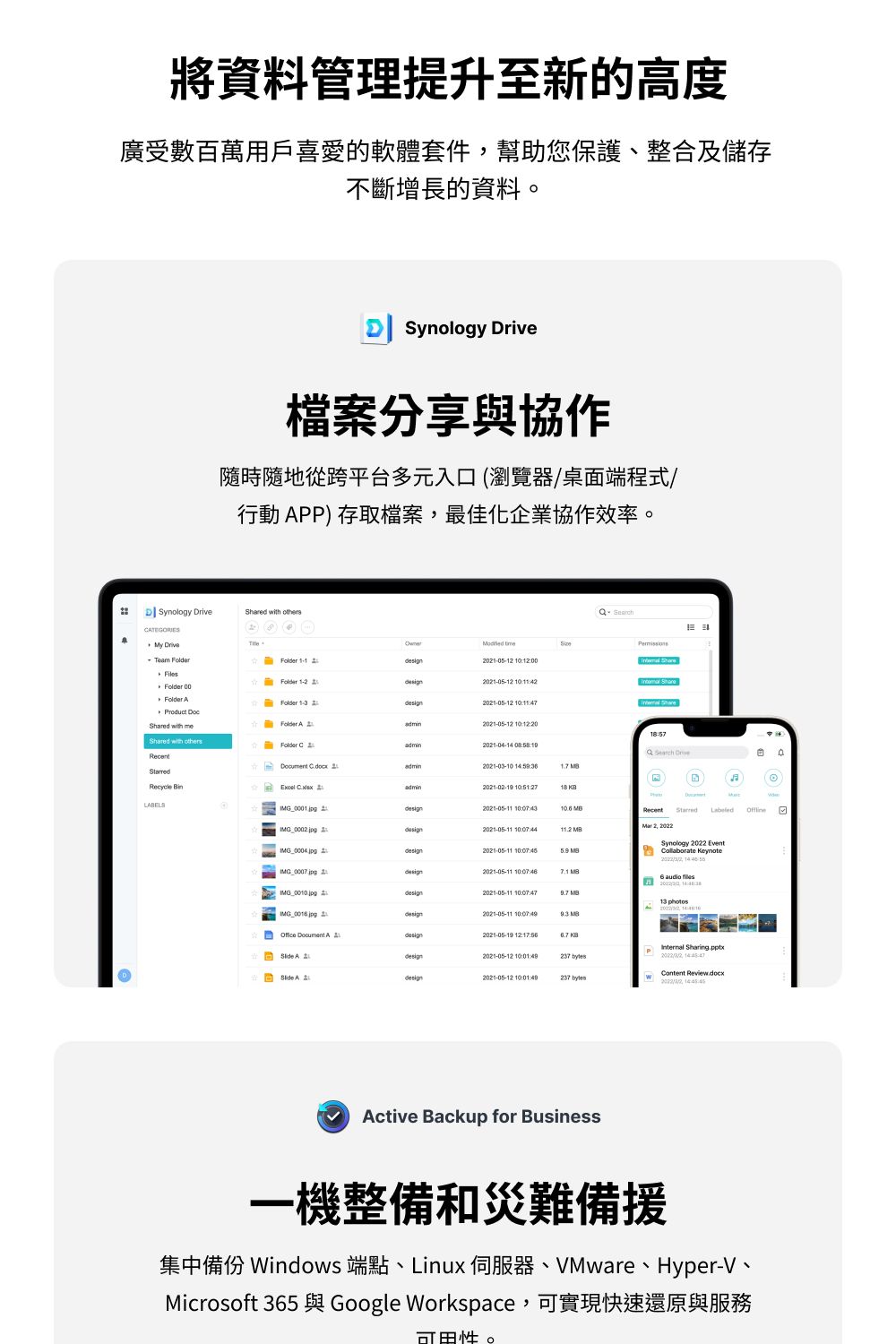 將資料管理提升至新的高度廣受數百萬用戶喜愛的軟體套件幫助您保護、整合及儲存不斷增長的資料。 檔案分享與協作隨時隨地從跨平台多元入口(瀏覽器/桌面端程式/行動 PP) 存取檔案最佳化企業協作效率。 Synology riveCTEGORIESMy Drive Team  FilesShared wih others Folder 01-05-1 Folder 1- design01-05-1 Folder AFolder design01-05-12 Shared with meFolder A 221-05-12 Shared with othersFolder C 22021-0-14 Recent  2admin2021-03-10   Search DriveRecycle   2admin2021-02-19 10:51:27DLABELSIMG_0001.jpg2021-05-11  Recent 2design2021-05-11 Mar 2, 2022  t2021-05-11   2design2021-05-11 10  MBSynology 2022 Event , 14    A 42021-05-11 10:07:47 MB   2design2021-05-11  MB  A Adesign2021-05-19 6.7 KBP A 20design2021-05-12 10:01:49237 Internal Sharing.pptx,   A 22021-05-12 10:01:49237  Active Backup for Business一機整備和災難備集中備份 Windows 端點、Linux伺服器、VMware、 、Hyper-V、Microsoft 365 與 Google Workspace,可實現快速還原與服務可用性。
