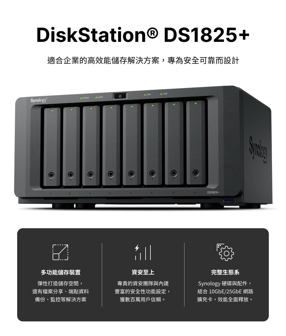 DiskStation® DS1825+適合企業的高效能儲存解決方案,專為安全可靠而設計SynologyALERTLANDS1825+多功能儲存裝置彈性打造儲存空間,還有檔案分享端點資料備份、監控等解決方案資安至上專責的資安團隊與內建豐富的安全性功能設定,獲數百萬用戶信賴。完整生態系Synology 硬碟與配件,結合 10GbE/25GbE 網路擴充卡,效能全面釋放。
