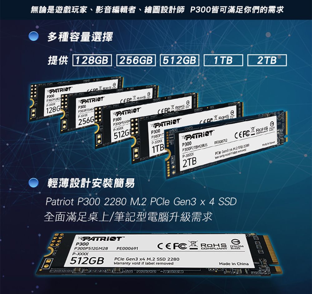 Patriot 美商博帝P300 M.2 2280 PCIe Gen.3x4 (NVMe 1.3) 1TB 固態硬碟