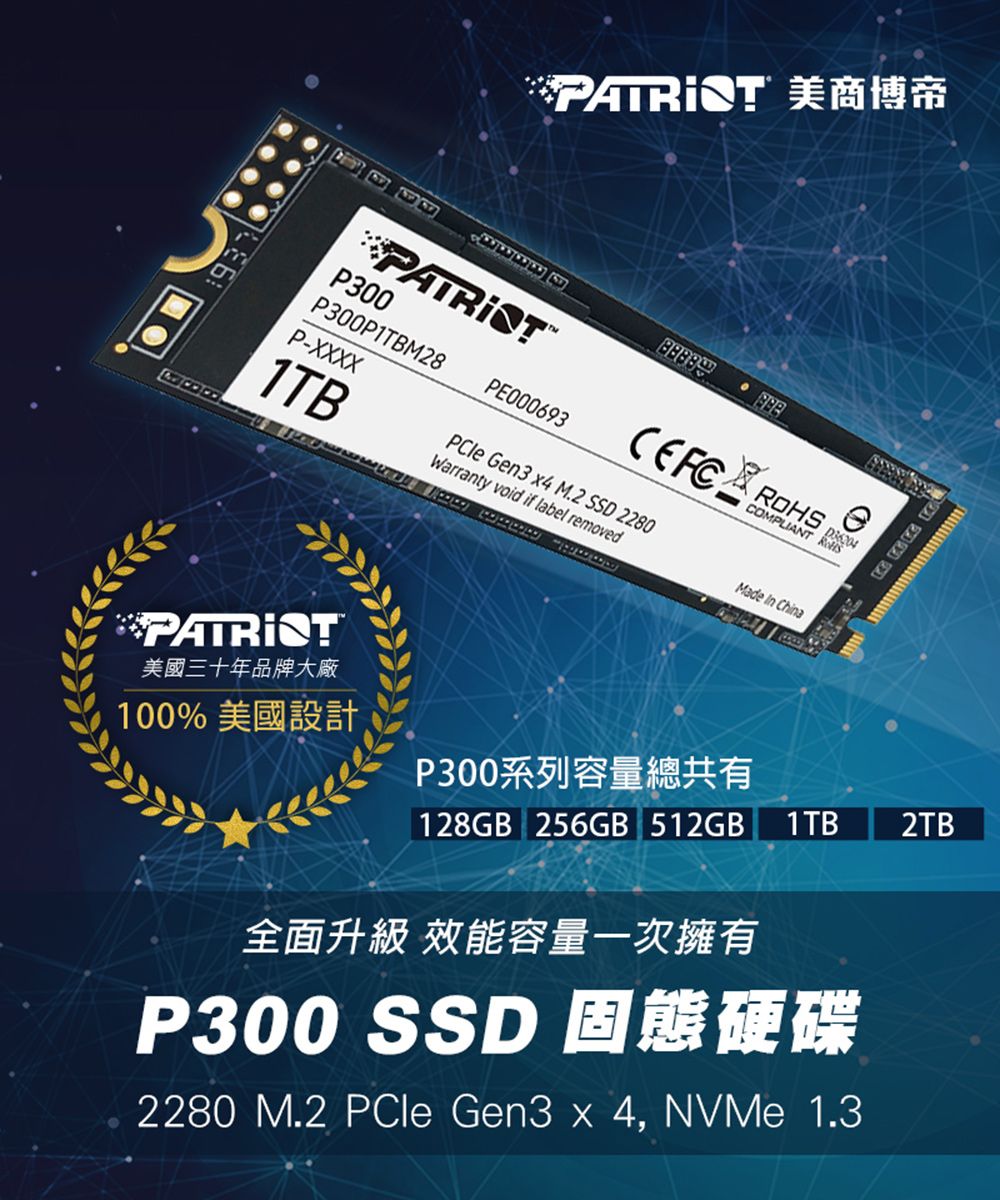 Patriot Memory P300 128GB M.2 SSD 2280 NVMe PCIe Gen 3x4 内蔵型SSD