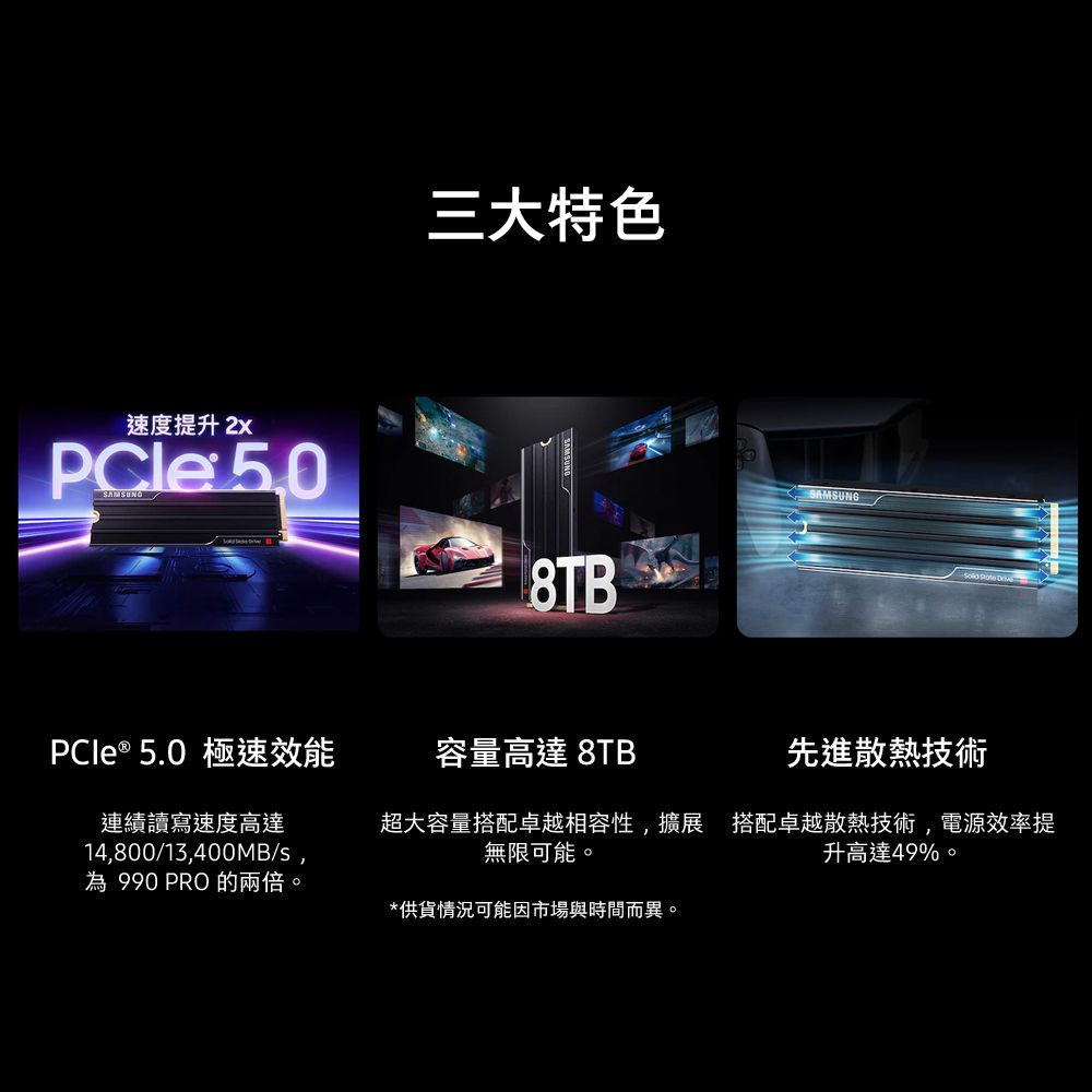 三大特色速度提升2x SAMSUNG8TBSAMSUNGPCle® 5.0 極速效能容量高達 8TB先進散熱技術讀寫速度高達14,800/13,400MB/s,為990 PRO的兩倍。超大容量搭配卓越相容性, 擴展 搭配卓越散熱技術, 電源效率提無限可能。升高達49%。*供貨情況可能因市場與時間而異。