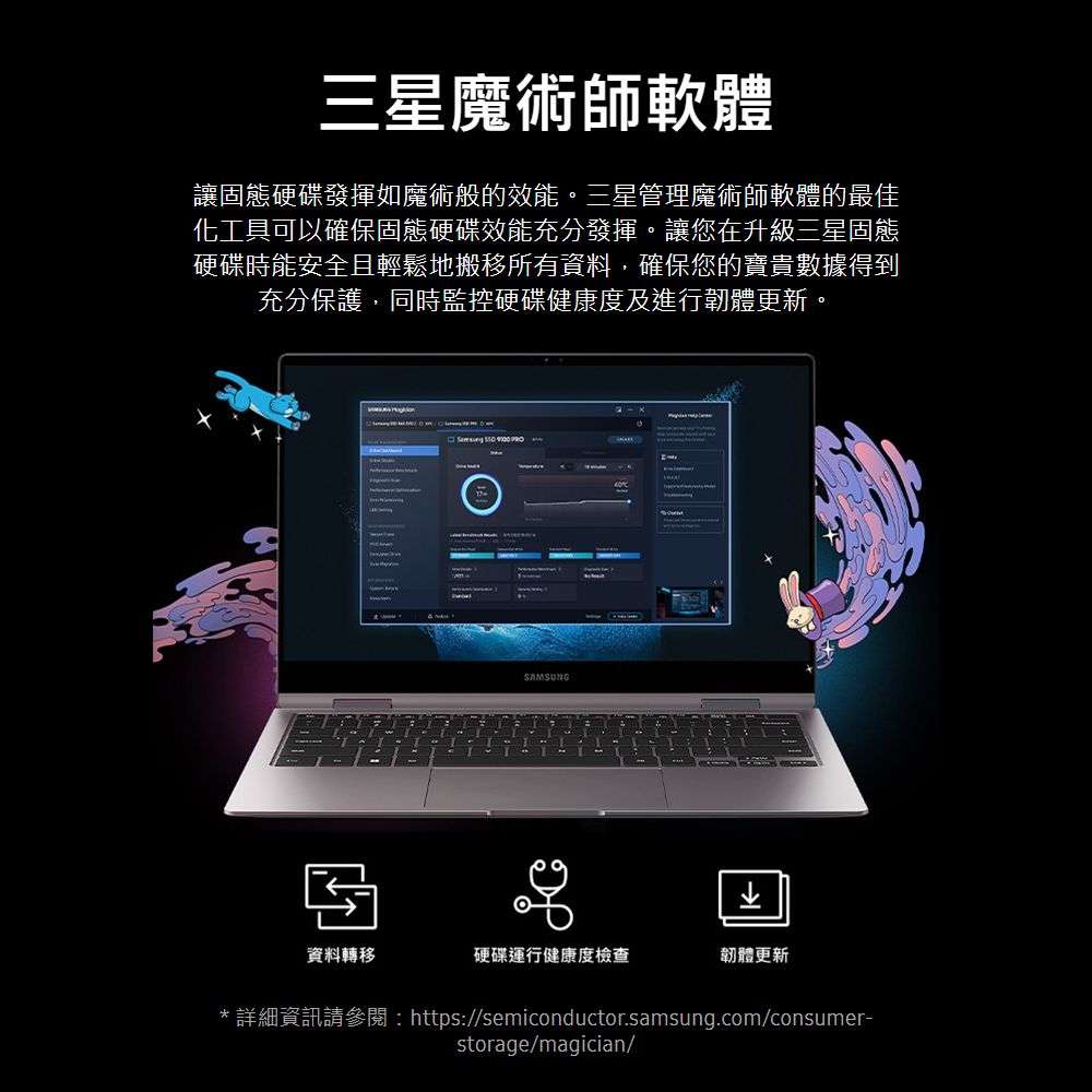 三星魔術師軟體讓固態硬碟發揮如魔術般的效能。三星管理魔術師軟體的最佳化工具可以確保固態硬碟效能充分發揮。讓您在升級三星固態硬碟能安全且輕鬆地搬移所有資料,確保您的寶貴數據得到充分保護,同時監控硬碟健康度及進行韌體更新。   SAMSUNG資料轉移硬碟運行健康度檢查韌體更新*詳細資訊請參閱:https://semiconductor.samsung.com/consumer-storage/magician/