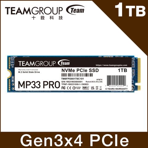 TEAM 十銓 MP33 PRO 1TB M.2 PCIe SSD 固態硬碟