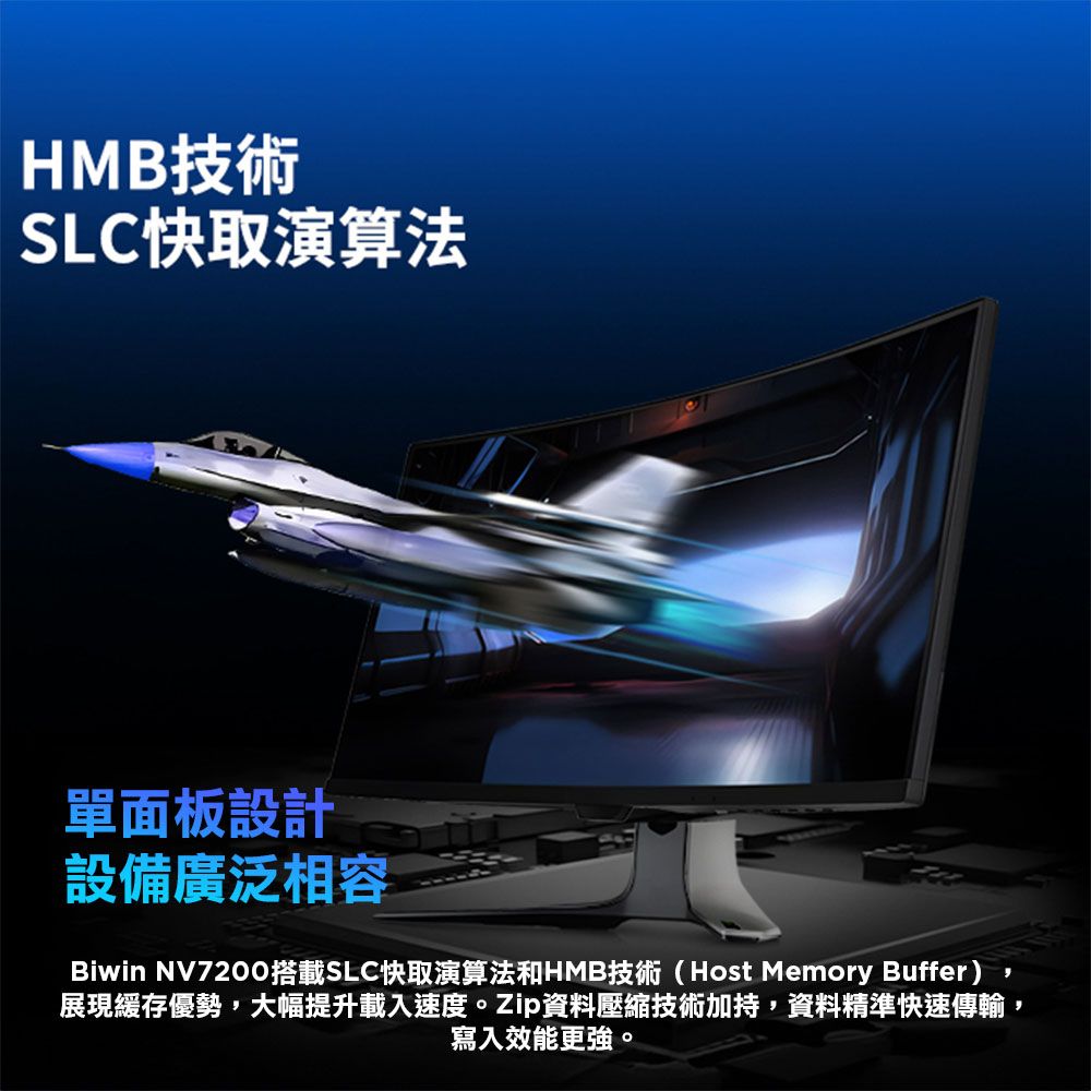 HMB技術SLC快取演算法單面板設計設備廣泛相容Biwin NV7200搭載SLC快取演算法和HMB技術(Host Memory Buffer)展現緩存優勢,大幅提升載入速度。Zip資料壓縮技術加持,資料精準快速傳輸,寫入效能更強。