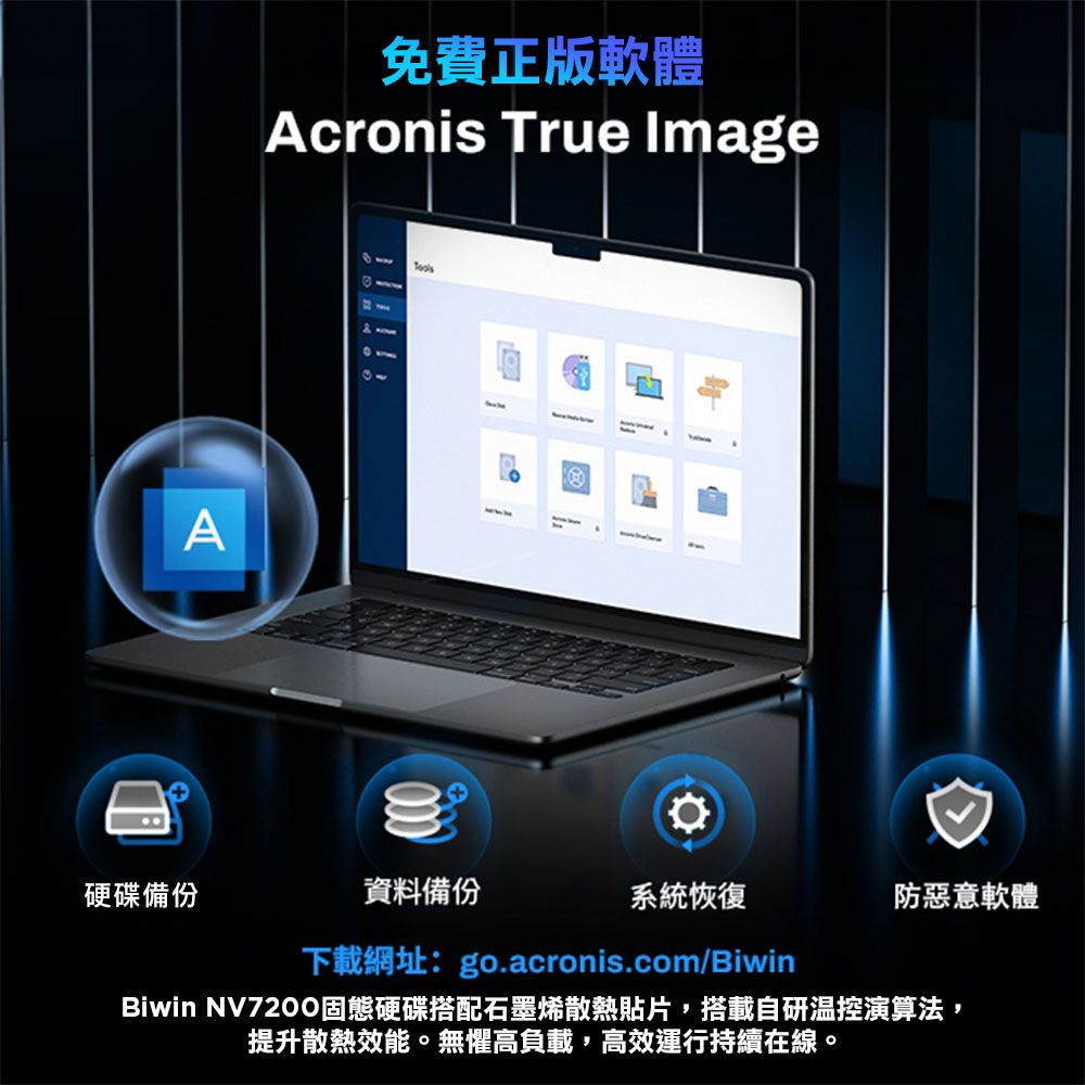 免費正版軟體Acronis True ImageA硬碟備份資料備份系統恢復防惡意軟體下載網址:go.acronis.com/BiwinBiwin NV7200固態硬碟搭配石墨烯散熱貼片,搭載自研演算法,提升散熱效能。無懼高負載,高效運行持續在線。