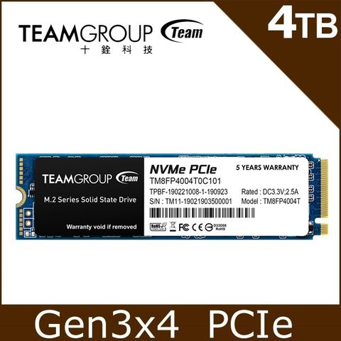【福利品】TEAM 十銓 MP34 4TB M.2 PCIe SSD 固態硬碟(9.9成新)