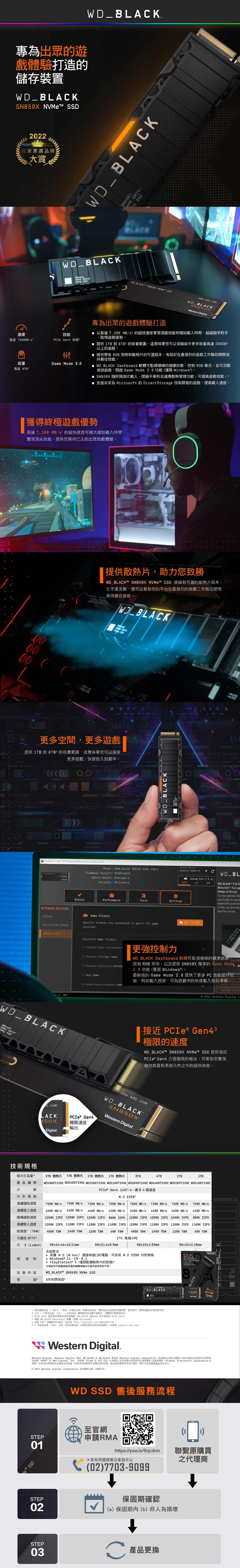 專為出眾遊戲體驗打造的儲存裝置 t 222PDIY 玩家票選品牌大賞_LAK_BLAK IVENV SSD速度效能高達73MBPIe en 技術回容量 Mode 高達 AME DRIVE SSD BLACK   SSDwwwwdcomWD_BLACKWeern Digitl專為出眾的遊戲體驗打造 高達  MB 的超快速度實現頂級效能極短載入時間超越競爭對手取得遊戲優勢 提供 TB 到 的容量範圍這意味著您可以保留如今更多容量高達200GB2以上的遊戲 提供帶有 RGB 照明和散熱片的可選版本有助於在最激烈的遊戲工作階段期間保持最佳效能 WD BLACK  可監的健康狀態控制 RGB 樣式並可自動偵測遊戲,開啟  Mode 20功能Window SN80X 隨附預測式載入開銷平衡和自適應散熱管理功能,可提高遊戲效能4■ 支援未來為 Microoft 的 DirectStorage 技術開發的遊戲,提高載入速度獲得終極遊戲優勢高達 MB的超快速度可極大縮短載入時間,實現頂尖效能,提供您期待已久的出眾遊戲體驗0000提供散熱片,助力您致勝WD_BLACK SN850X NV SSD 硬碟有可選的散熱片版本,它不僅美觀,還可以幫助您的平台在最激烈的遊戲工作階段期間保持最佳效能 更多空間,更多遊戲提供 1TB 到 8TB² 的容量範圍,這意味著您可以保留更多遊戲,快速投入遊戲中44444Dahboard  SettingModelFirmware VerionWD BLACK SN850X  SSDDrive Health: NormalSecurity:  ND_BLACK deviceWD_BLACK  CWD_BLG daning Mode  AUTOWD BLACK P10GFormanceSettingOPTIONSAPPLICATION UPDATEGame FolderSpecify folder for Dahboard to watch for launche.GAMING MODE 2.0Selected Game FolderC  Steant更強控制力C:Program Files C:/Program Files//WD_BLACK DRDRIVE SSDC.comLACKC/ GamesD:/SteanLibrary// FOLDERXbox One : Your ga on the goptier extermal specifically for gameexpand the potentialso they can  theway theychoose.is always cthe aWD_BLACK Dashboard 軟體可監視硬碟的健康狀態  Me控制 RGB 照明,以及提供SN850X 獨享的 Game Mode2.0功能僅限 Windows,O最新版的 Game Mode 2.0 提供了更多PC效能能,例如載入預測,可為遊戲中的快速載入做好準備  B 0  Western Digital Ci接近 PCIe® 3極限的速度WD_BLACK™ SN850X NVMe™ SSD 提供接近PCIe Gen4 介面極限的輸出,可幫助您實現儲存裝置和系統件之外的超快效能WESTERN  PCIe® Gen4www.wdc.comWD_BLACKSN850XWestern Digital.B50X極限速度輸出Digital.技術規格格式化容量*8TB 散熱片4TB 散熱片2TB 散熱片1TB 散熱片8TB2TB1TB產品編號 WDS800T2XHE WDS400T2XHE WDS200T2XHE WDS100T2XHE WDS800T2X0E WDS400T2X0E WDS200T2X0E 介面外形規格連續速度PCIe Gen4 16GT/s,最多4個通道M.2 7200 MB/s. 7300 MB/s 7300 MB/s 7300 MB/s 7200 MB/s 7300 MB/s 7300 MB/s 7300 MB/s連續寫入速度 6600 MB/s 6600 MB/s 6600 MB/s 6300 MB/s 6600 MB/s 6600 MB/s 6600 MB/s 6300 MB/s隨機讀取速度  IOPS 1200K IOPS 1200K IOPS  IOPS 1200K IOPS 1200K IOPS 1200K IOPS  IOPS連續寫入速度 1200K IOPS  IOPS  IOPS 1100K IOPS 1200K IOPS 1100K IOPS 1100K IOPS 1100K IOPS寫度[ 4800  2400 TBW 1200 TBW 600 TBW 4800 TBW 2400 TBW 1200 TBW  TBW可靠性 MTTF。尺寸(]80x24.46x10.31mm系統需求175 萬個小時80x23.4x8.9mm 具備M.2 [Mkey] 連接埠接口的電腦,可採用M.2  外形規格容性 Windows  PlayStation*5(僅限配備散熱片的型號。※相容性可能會視使用者的硬體架構及系統有所不同。WD_BLACKT™ SN850X NVMe SSD包裝內容保固5年有限保固。88x22x2.38mmWD BLACKBLACK. ToWDBLACKBLACK72001 讀取速度/s  每秒百萬。根據內部測試實際效能可能會因主機裝置、使用狀況。硬碟容量和因素而。 - 位元組,元組,實際使用的容量可能。視作業而定。3 PCIe Gen4 儲存技術需要相容的主機板。WD_BLACK SN850X 相容於 PCIe 4 需要 WD_BLACK Dashboard 軟體 僅限 WindowsB]5   相容性資訊,請 。65 年耐寫度(TBW] ,以先到者為準。如需區域特定保固詳細資料,請參閱   Western Digital.Western Digital Western Digital 標誌、WD BLACK 和 WD BLACK 標誌 Western Digital Corporation 關係企業在美國和/其他國家或地區的註冊商標或™ NVM Express,  的 是PCI-SIG 在美國和/他國家或地區的註冊和/或服務標誌 是 Microsoft Corporation 的商標。所有其他商標是者的財產。所有其他商標是各自擁有者的財產。產品規格變更時不另行通知。圖片可能與實際產品有所出入。  Western Digital Corporation 或其關係企業。版權所有。WD SSD 售後服務流程STEP01至官網申請RMA(https://pse.is/6qrzkm聯繫原購買*若有問題請電洽客服中心(02)7703-9099之代理商Me SSDSTEP02STEP03保固期確認(a)保固期內(b)非人為損壞=產品更換