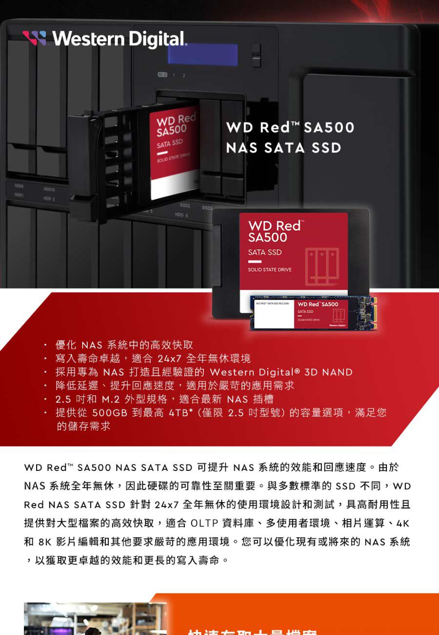 1001Western Digital SA500SAA  SATE WD Red T™ SA500NAS SATA SSD  WD RedSA500SATA SSDSOLID STATE DRIVEWD Red SA500SATA SSDu NAS tΤħ֨gJةRV,AX24x7~LұĥαM NAS yBgҪ Western Digital® 3D NANDCBɦ^t,AΩYVλݨD 2.5 M M.2 ~W,AX̷s NAS Ѵѱq 500GB ̰ 4TB*(ȭ 2.5 )eqﶵ,zxsݨDWD Red T SA500 NAS SATA SSD i NAS tΪįM^tסCѩNAS tΥ~L,]wЪiaʦnCPhƼзǪSSDP,WDRed NAS SATA SSD w24x7~L𪺨ϥҳ]pM,㰪@ΩʥBѹjɮתħ֨,AX OLTP ƮwBhϥΪҡBۤBB4KM 8K vsMLnDYVҡCziHuƲ{αNӪNAS t,HVįMgJةRC