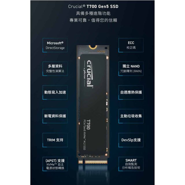 美光Micron Crucial T700 1TB PCIe Gen5 NVMe M.2 SSD (CT1000T700SSD3