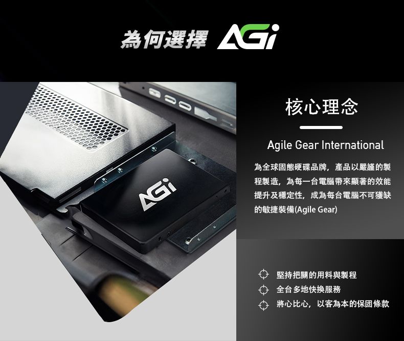 為何選擇核心理念Agile Gear International為全球固態硬碟品牌,產品以嚴謹的製程製造,為每一台電腦帶來顯著的效能提升及穩定性,成為每台電腦不可獲缺的敏捷裝備(Agile Gear)堅持把關的用料與製程全台多地快服務將心比心,以客為本的保固條款