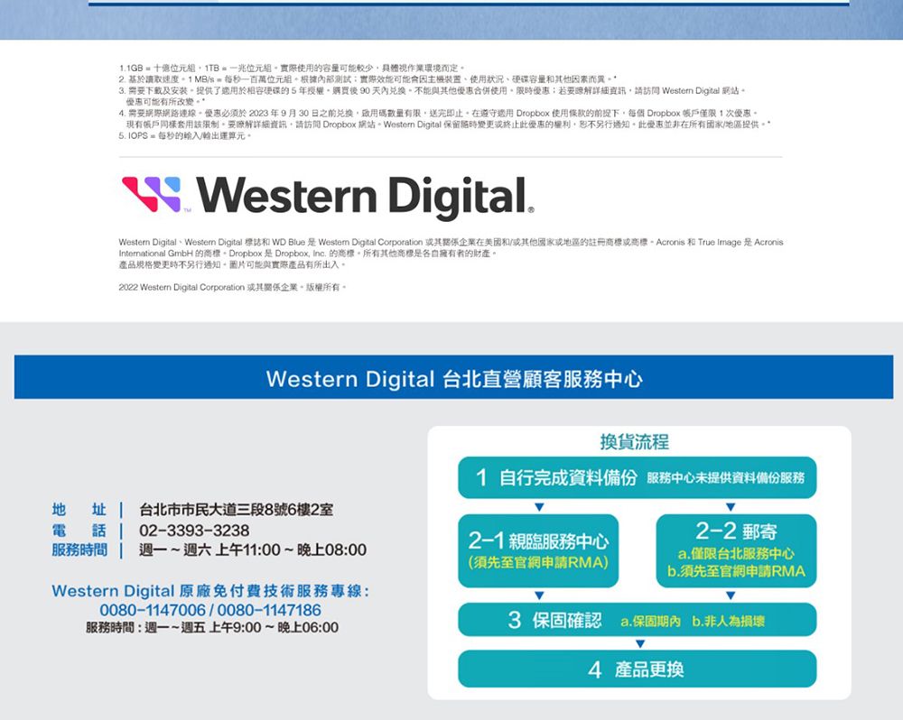 1.1GB元組實際使用的容量可能較少具體視作業環境而定 基於讀取速度 MB/s  百萬位元組根據內部測試實際效能可能會主機裝置使用狀況硬碟容量其他因素而異3. 需要下載及提供了於相容硬碟的5年授權購買後90天內兌換不能與其他優惠合併使用優惠;若要詳細資訊請 Western Digital 優惠可能有所改變. 需要網路連線優惠必須於 2023年9月30日之前兌換,有限,送完即止。在遵守適用 Dropbox 使用條款的下, Dropbox僅限次優惠。現有帳戶同樣套用該限制。要詳細資訊,請訪問 Dropbox 網站。Western Digital 保留終止此優惠的,恕不另行通知。此優惠並非在所有國家/地區提供。5. IOPS  每秒的輸入/輸出元。Western DigitalWestern Digital、Western Digital 標誌和 WD Blue  Westen Digital Corporation 關係企業在美國和/他國家或地區的註冊或商標。Acronis 和 True ImageAcronisInternational GmbH 的商標。Dropbox 是 Dropbox,  的商標。所有其他商標是各自擁有者的財產。產品規格變更時不另行通知。圖片可能與實際產品有所出入。2022 Western Digital Corporation 或其關係企業。版權所有。Western Digital 台北直營顧客中心換貨流程1 自行完成資料 服務中心未提供資料備份服務2-1 親臨服務中心地址台北市市民大道三段8號6樓2室電話 02-3393-3238服務時間 ~週六上午11:00~晚上08:00(須先至官網申請RMA)Western Digital 原廠免付費技術服務專線:0080-1147006/0080-1147186服務時間:週一~週五上午9:00~晚上06:002-2 郵寄a.僅限台北服務中心b.須先至官網申請RMA3 保固確認 a.保固b.非人為損壞4 產品更換