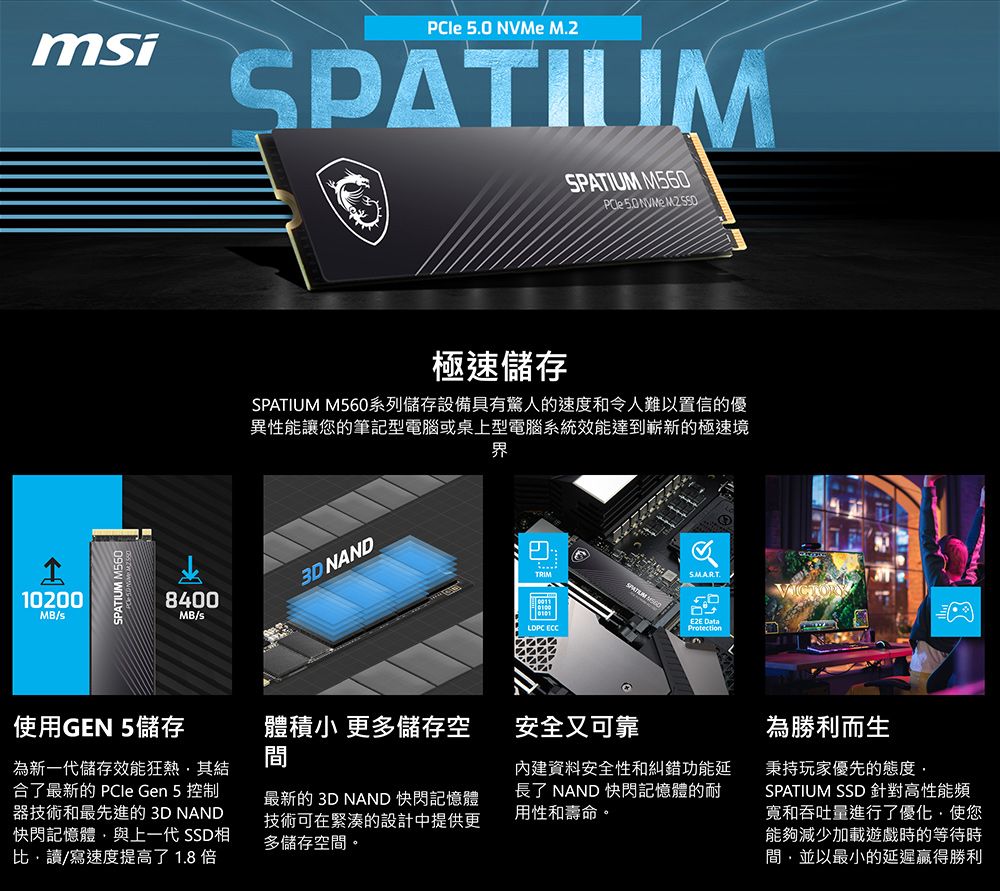 10200MB/msi M5608400MB/sPCIe 5.0  M.2SPATIUMSPATIUM M560 50 NVMe  極速儲存SPATIUM M560系列儲存設備具有驚人的速度和令人難以置信的優異性能讓您的筆記型電腦或桌上型電腦系統效能達到嶄新的極速境界3D NANDSPATIUMTRIM ECCSMART Protection使用GEN 5儲存為新一代儲存效能狂熱其合了最新的 PCle Gen 5 控制器技術和最先進的 3D NAND快閃記憶體與上一代 SSD相比讀/寫速度提高了 1.8 倍體積小 更多儲存空間安全又可靠最新的 3D NAND 快閃記憶體技術可在緊湊的設計中提供更多儲存空間。資料安全性和糾錯功能延長了 NAND 快閃記憶體的耐用性和壽命。為勝利而生秉持玩家優先的態度SPATIUM SSD 針對高性能頻寬和吞吐量進行了優化使您能夠減少加載遊戲時的等待時間,並以最小的延遲贏得勝利