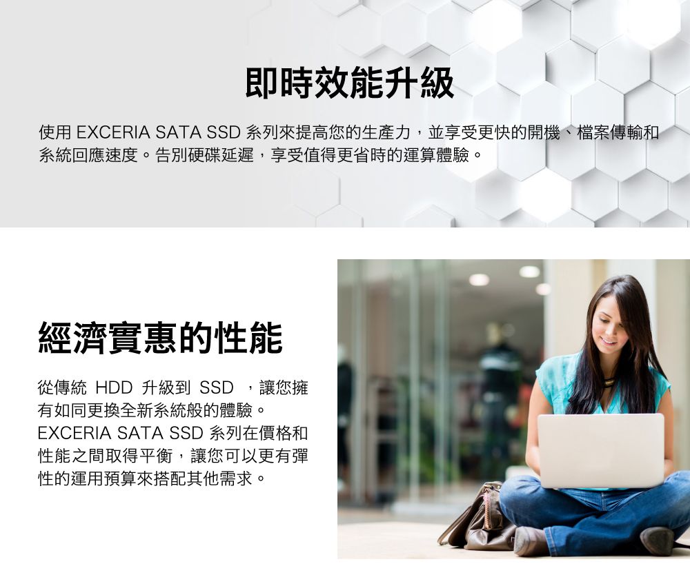 即時效能升級使用 EXCERIA SATA SSD 系列來提高您的生產力,並享受更快的開機、檔案傳輸和系統回應速度。告別硬碟延遲,享受值得更省時的運算體驗。經濟實惠的性能從傳統 HDD 升級到 SSD讓您擁有如同更換全新系統般的體驗。EXCERIA SATA SSD 系列在價格和性能之間取得平衡,讓您可以更有彈性的運用預算來搭配其他需求。