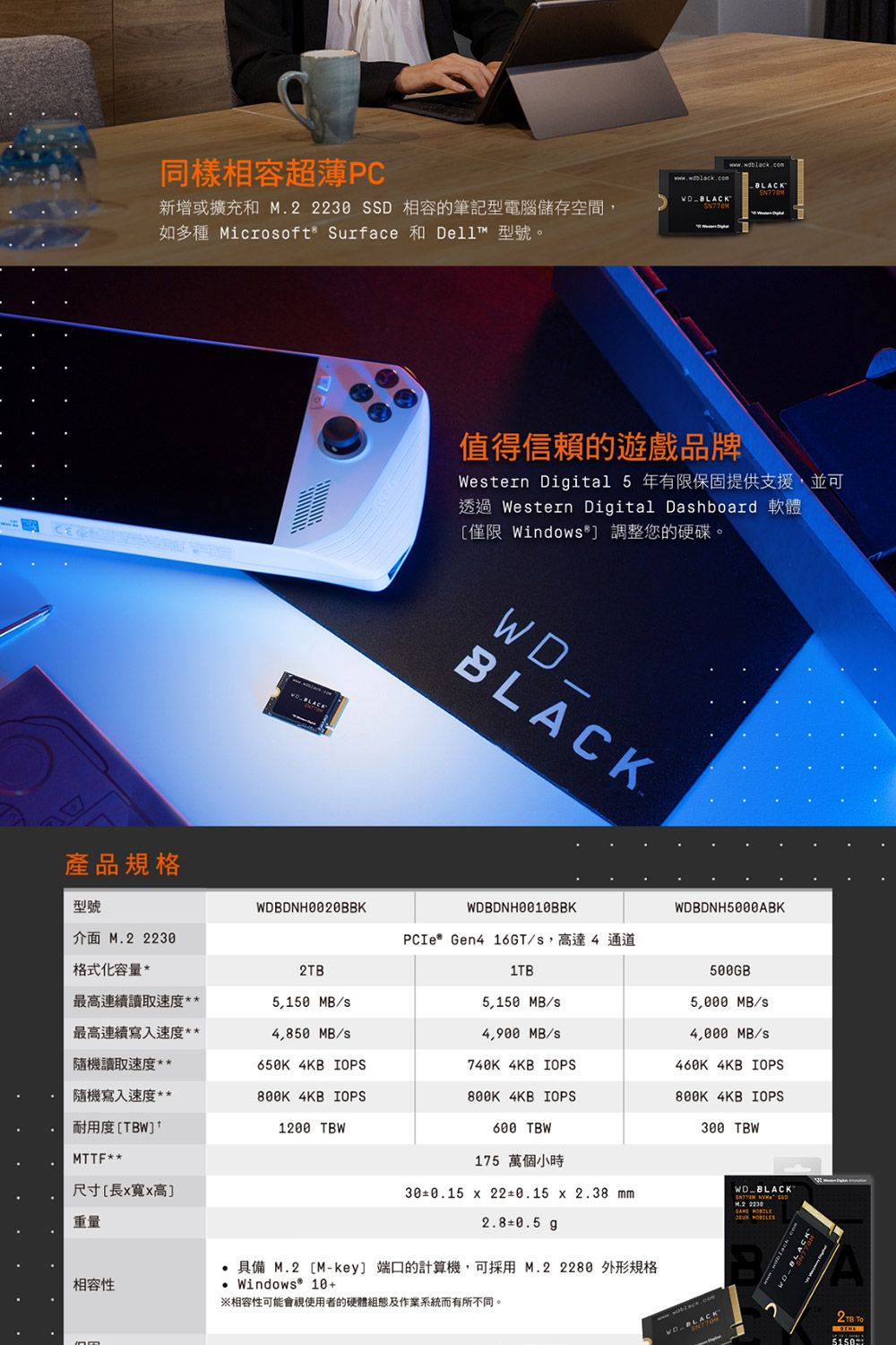 同樣相容超薄PC新增或擴充和 M  SSD 相容的筆記型電腦儲存空間如多種 Microoft Surface 和 Dell™ 型號。 BLACK產品規格BLACK值得信賴的遊戲品牌Wetern Diital 5 年有限保固提供支援,並可透過 Wetern Digital Dahboard 軟體[僅限 Window* 調整您的硬碟。BLACK.型號BDNH0020BBKBDNH0010BBKBDNH5000ABK介面  223PCIe® Gen4 16GT/s,高達4通道格式化容量*21TB最高連續讀取速度**5,150 MB/s5,150 MB/s最高連續寫入速度**4,850 MB/s4,900 MB/s500GB5,000 MB/s MB/s隨機讀取速度**650K 4KB IOPS740K 4KB IOPS460K 4KB IOPS隨機寫入速度**800K 4KB IOPS800K 4KB IOPS800K 4KB IOPS耐用度[1200 TBWMTTF** TBW175 萬個小時 TBW尺寸長高]重量30±0.15 x 22±0.15 x 2.38 mm2.8±0.5 gWDBLACK  M.2 2230  相容性 具備 M.2 [Mkey] 端口的計算機,可採用 M.2  外形規格 Windows 10+相容性可能會視使用者的硬體組態及作業系統而有所不同。WD-BLACKWD BLACK22 TB