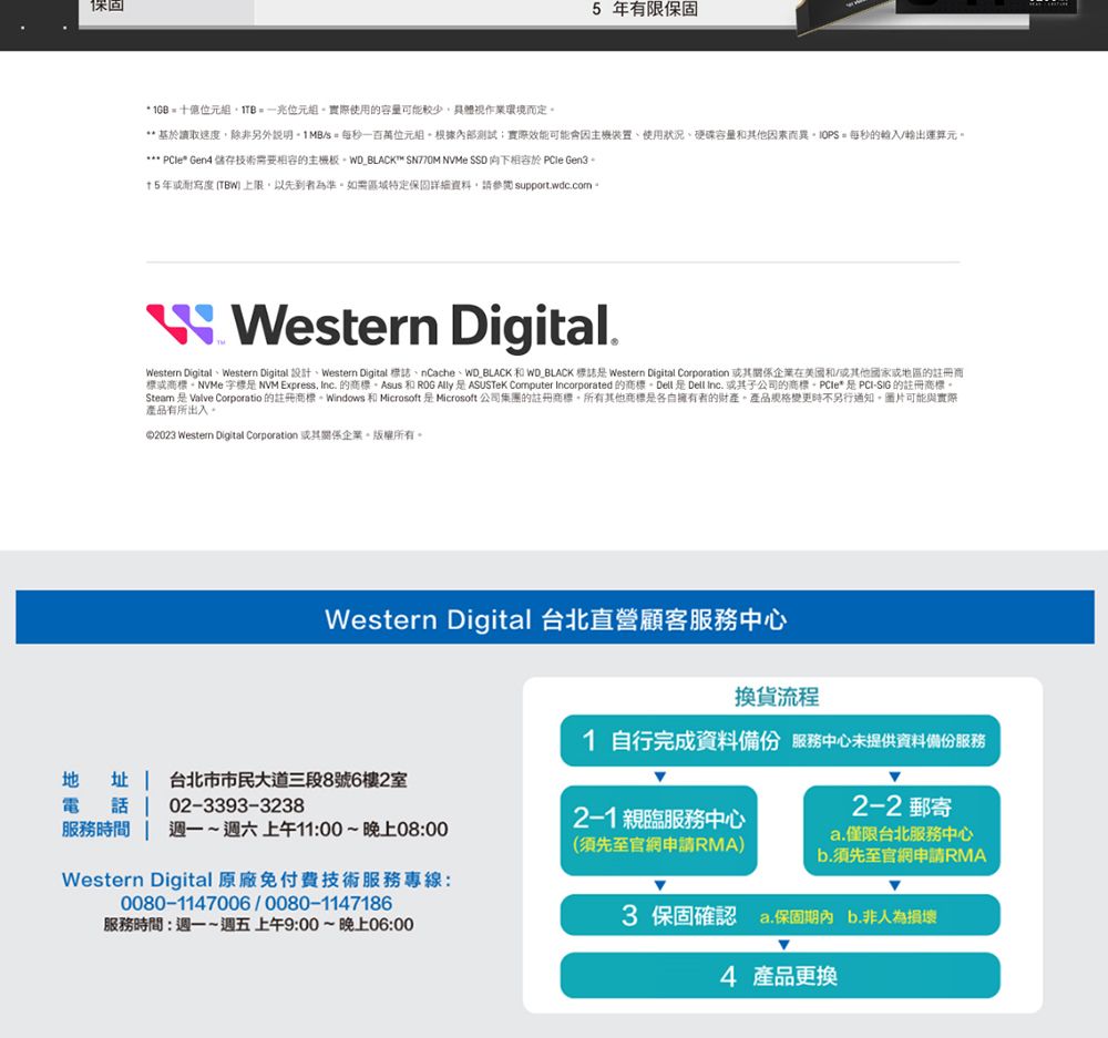 5 有限保固位組元組實際使用的容量可能作業環境而定* 基讀取速度除非另外說明每秒一百萬位元組根據內部測試;實際效能可能會裝置使用狀況硬碟容量和其他因素而異 = 每秒的/輸出運算元 * Gen4 儲存技術需要的主機板 WD_BLACK™ SN770M NVMe SSD 相容於  Gen3 年寫度上限以先到者為準保固詳細資料,請 supportwdc.com Western Digital.་་་Western Digital、Western Digital 設計、Western Digital 誌、nCache、WD BLACK 和 WD_BLACK 誌 Western Digital Corporation 關係企業在美國和/或其他國家或地區的註冊商標或商標NVMe字標 NVM Express, Inc. 的商標。Asus 和 ROG   ASUSTeK Computer Incorporated 的商標。Dell  Dell Inc. 或其子公司的商標* 是 PCI-SIG 的註冊商標。Steam 是 Valve Corporatio 的註冊商標。 Windows 和 Microsoft 是 Microsoft 公司集團的註冊商標。所有其他商標是各自擁有者的財產。產品規格變更時不另行。圖片可能與實際產品有所出入。©2023 Western Digital Corporation 或其關係企業。版權所有。Western Digital 台北直營顧客服務中心換貨流程1 自行完成資料備份 服務中心未提供資料備份服務2-1 親臨服務中心地址台北市市民大道三段8號6樓2室電話 02-3393-3238服務時間 週六上午1100~晚上08:00(須先至官網申請RMA)Western Digital 原廠免付費技術服務專線:0080-1147006/0080-1147186服務時間:週一~週五上午9:00~晚上06:002-2 郵寄a.僅限台北服務中心b.須先至官網申請RMA3 保固確認 a.保固期內b.非人為損壞4 產品更換